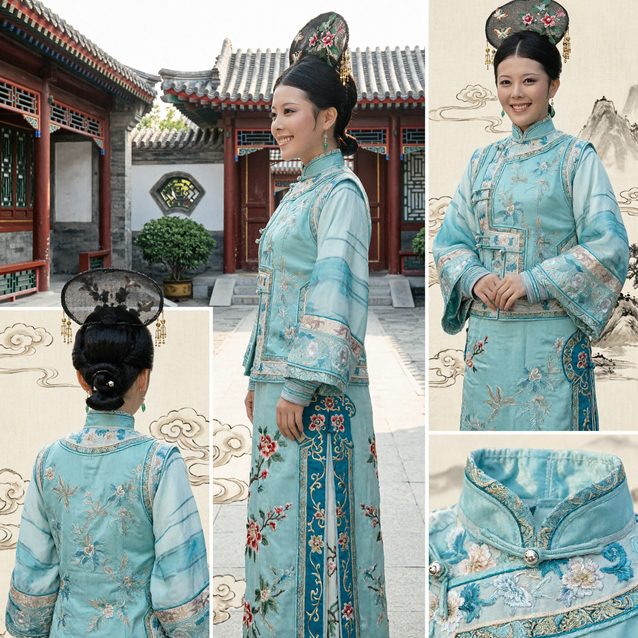 Traditional Chinese Qing Dynasty Palace Lady Costume Complete Set Light Blue Embroidered Robe with Floral Headdress for Women - Asian Costume