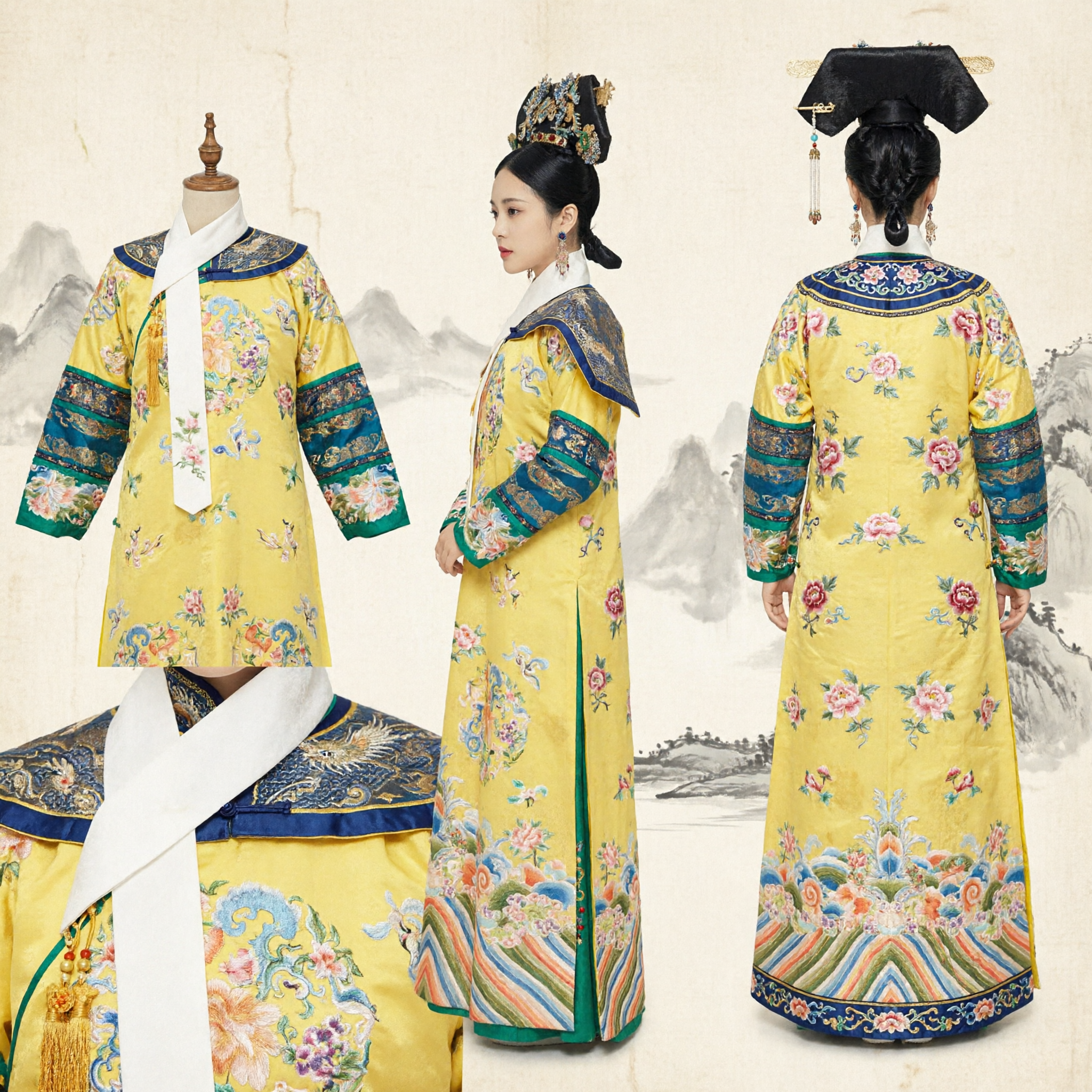 Women's Traditional Chinese Qing Dynasty Empress Yellow Robe Ancient Royal Concubine Costume for Stage Performance - Asian Costume