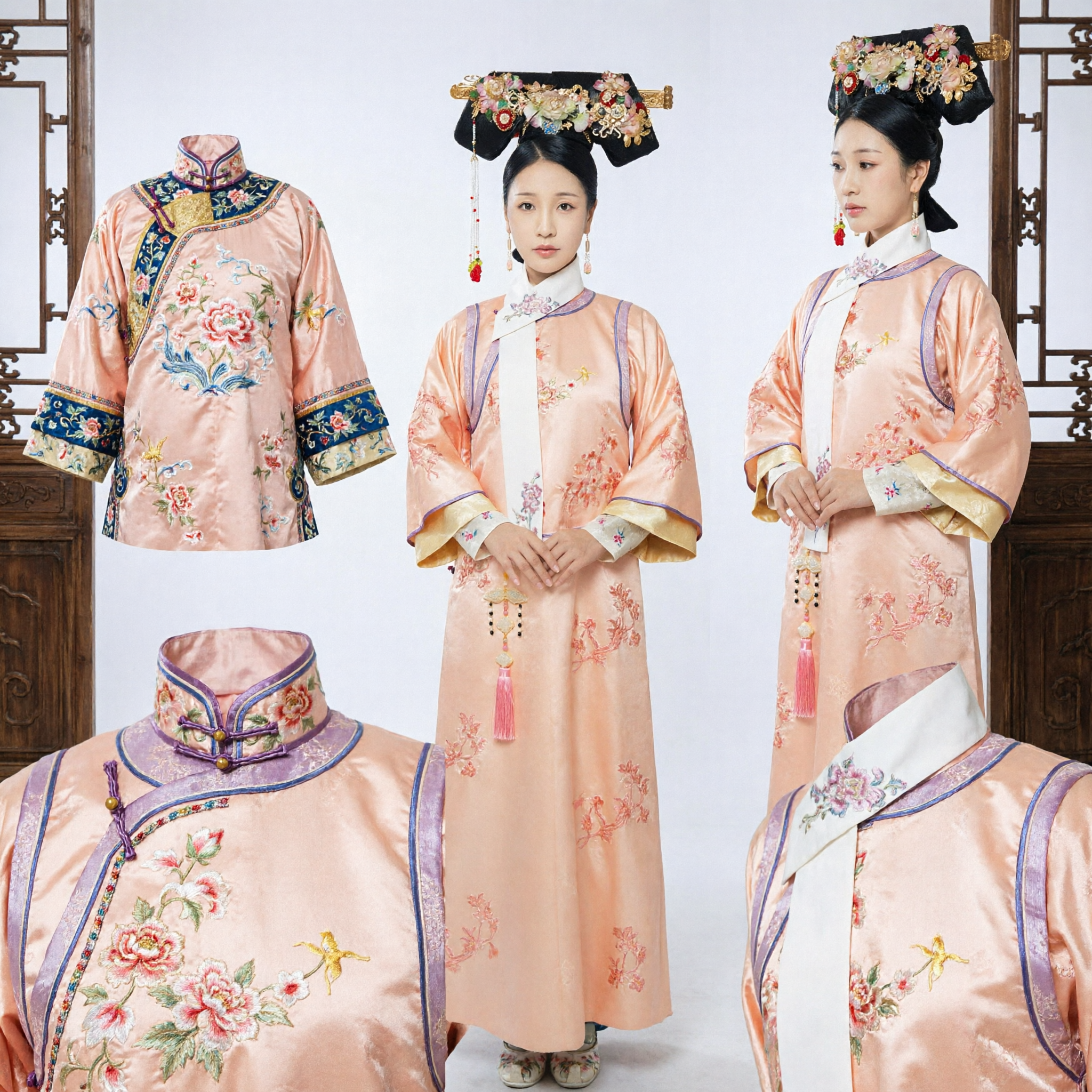 Ancient Chinese Qing Dynasty Manchu Princess Costume Peach Floral Embroidery Robe with Headdress for Women - Asian Costume