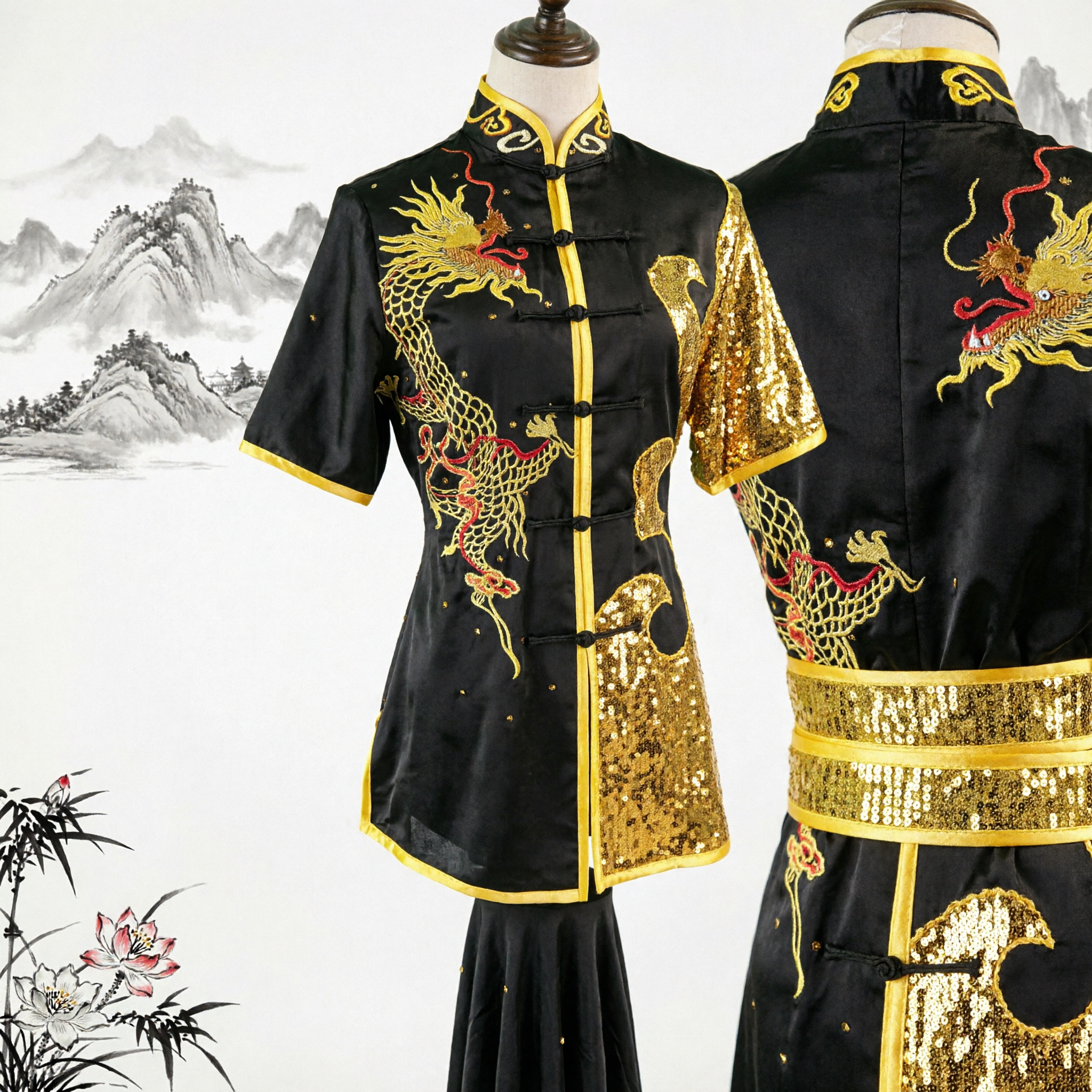 Men's Traditional Chinese Kung Fu Uniform Black Gold Dragon Sequin Wushu Martial Arts Performance Costume - Asian Costume
