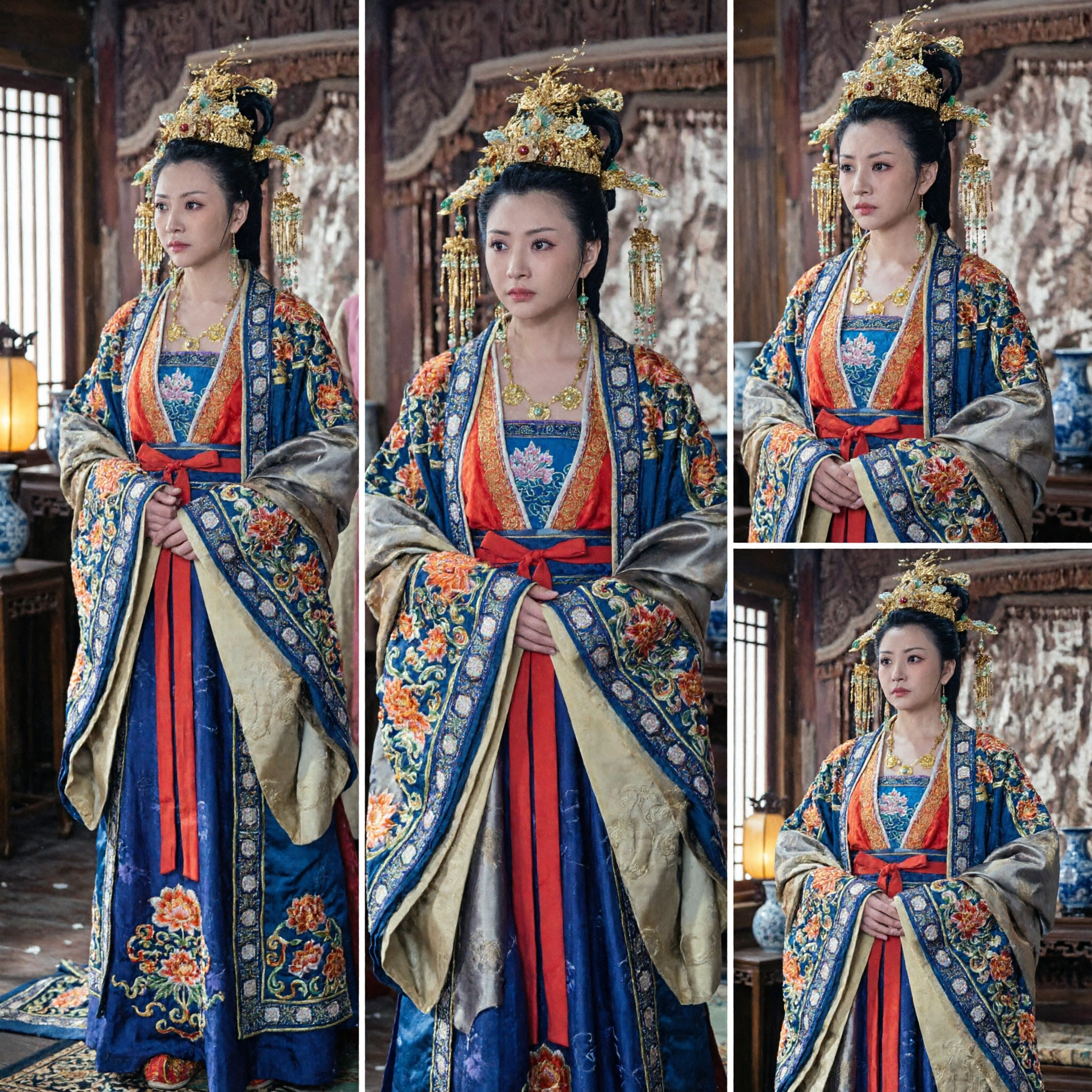 Chinese Ancient Palace Princess Hanfu Costume Complete Set with Golden Phoenix Headdress for Women Cosplay - Asian Costume