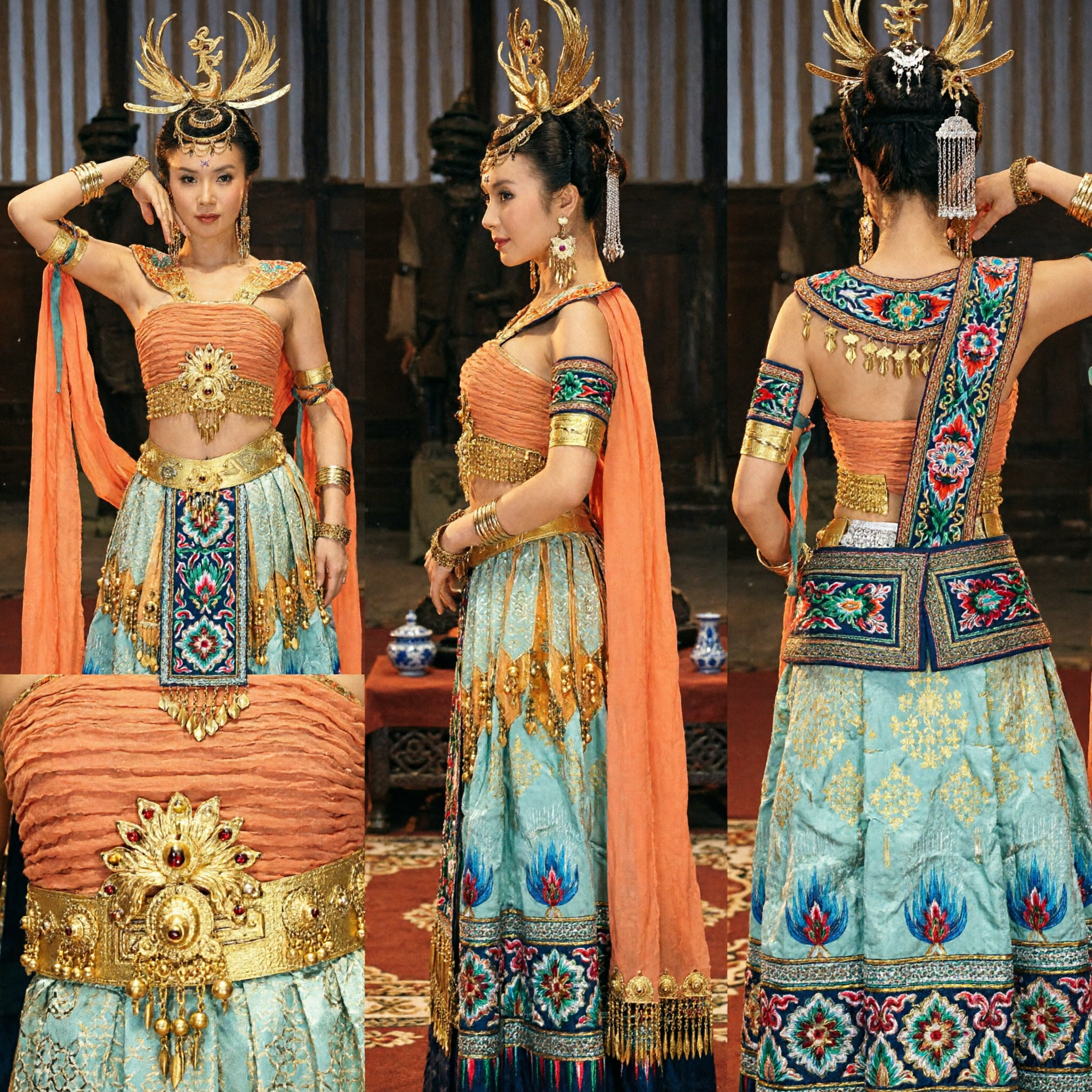 Women's Chinese Dunhuang Dance Costume Ancient Palace Dancer Outfit with Golden Headdress for Stage Performance - Asian Costume