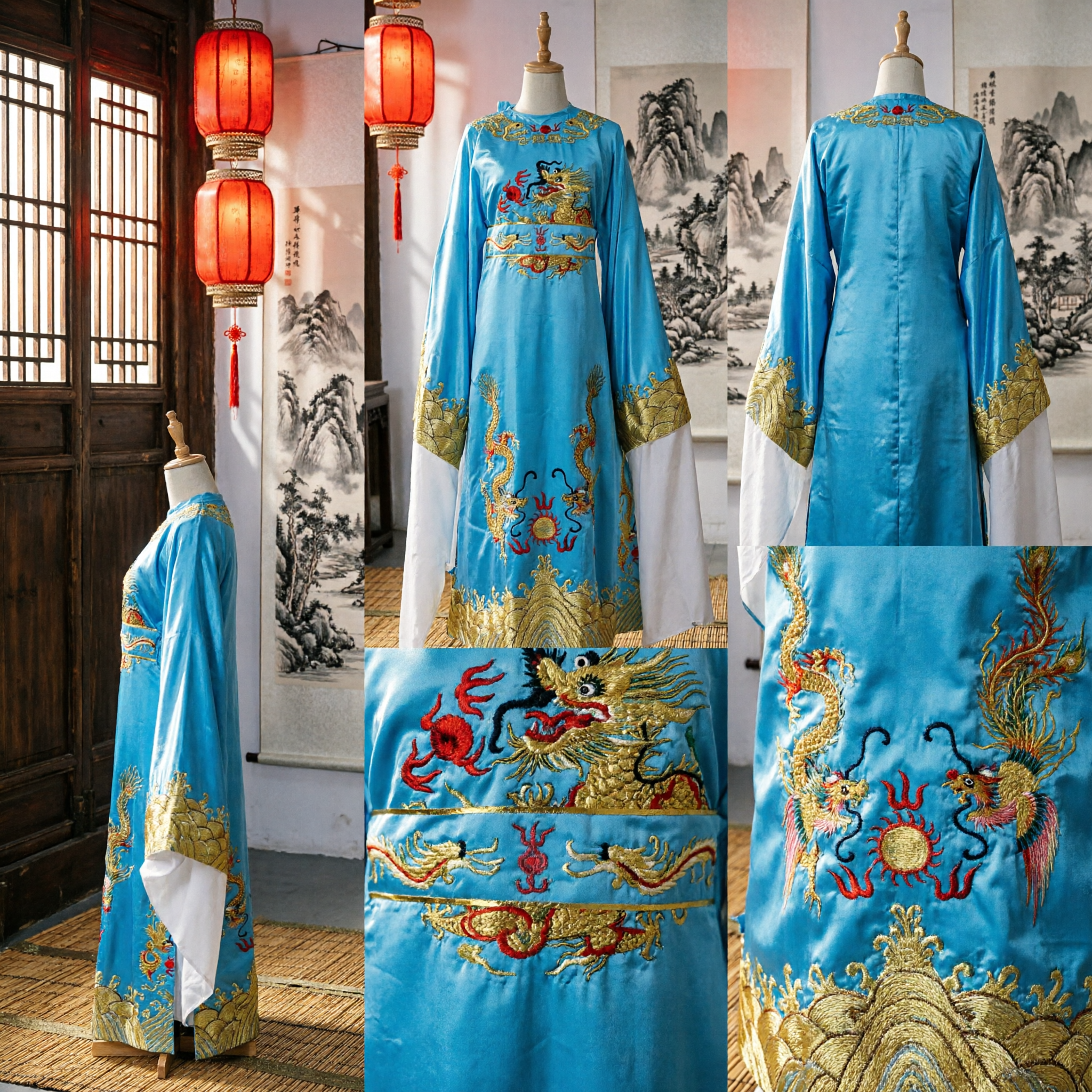 Traditional Chinese Beijing Opera Blue Dragon Robe Costume Gold Embroidered Stage Performance Clothing for Men - Asian Costume