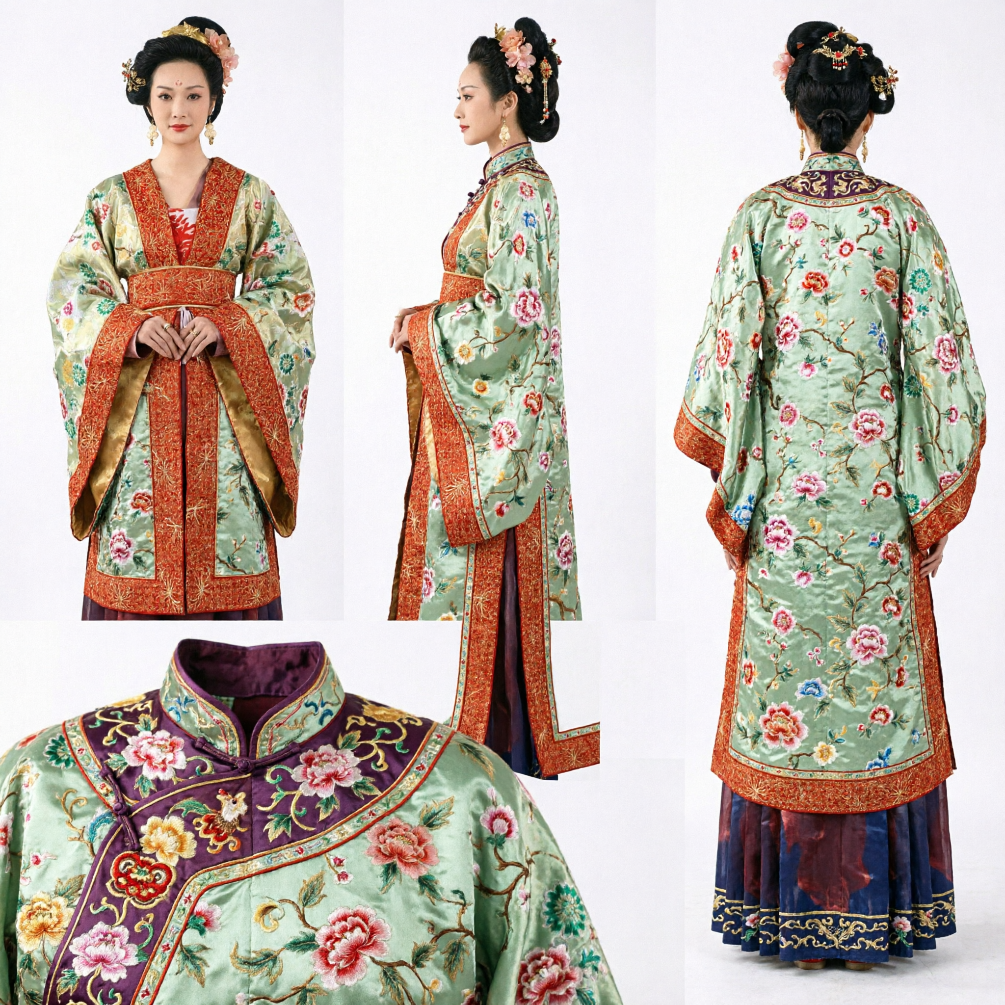 Traditional Chinese Tang Dynasty Empress Hanfu Costume Green Floral Embroidered Robe for Women Historical Cosplay - Asian Costume