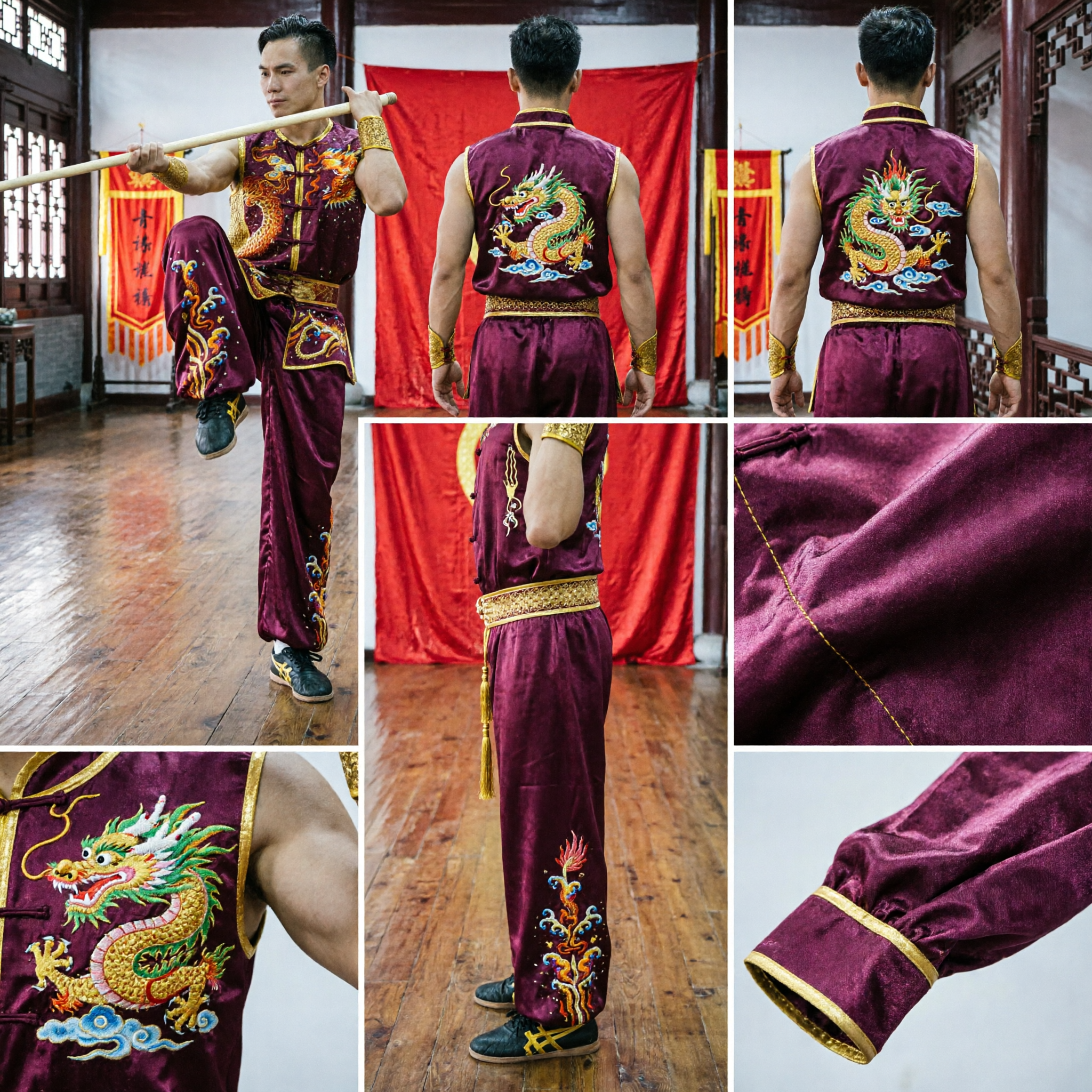 Mens Purple Satin Wushu Uniform with Gold Dragon Embroidery for Kung Fu Competition Performance - Asian Costume
