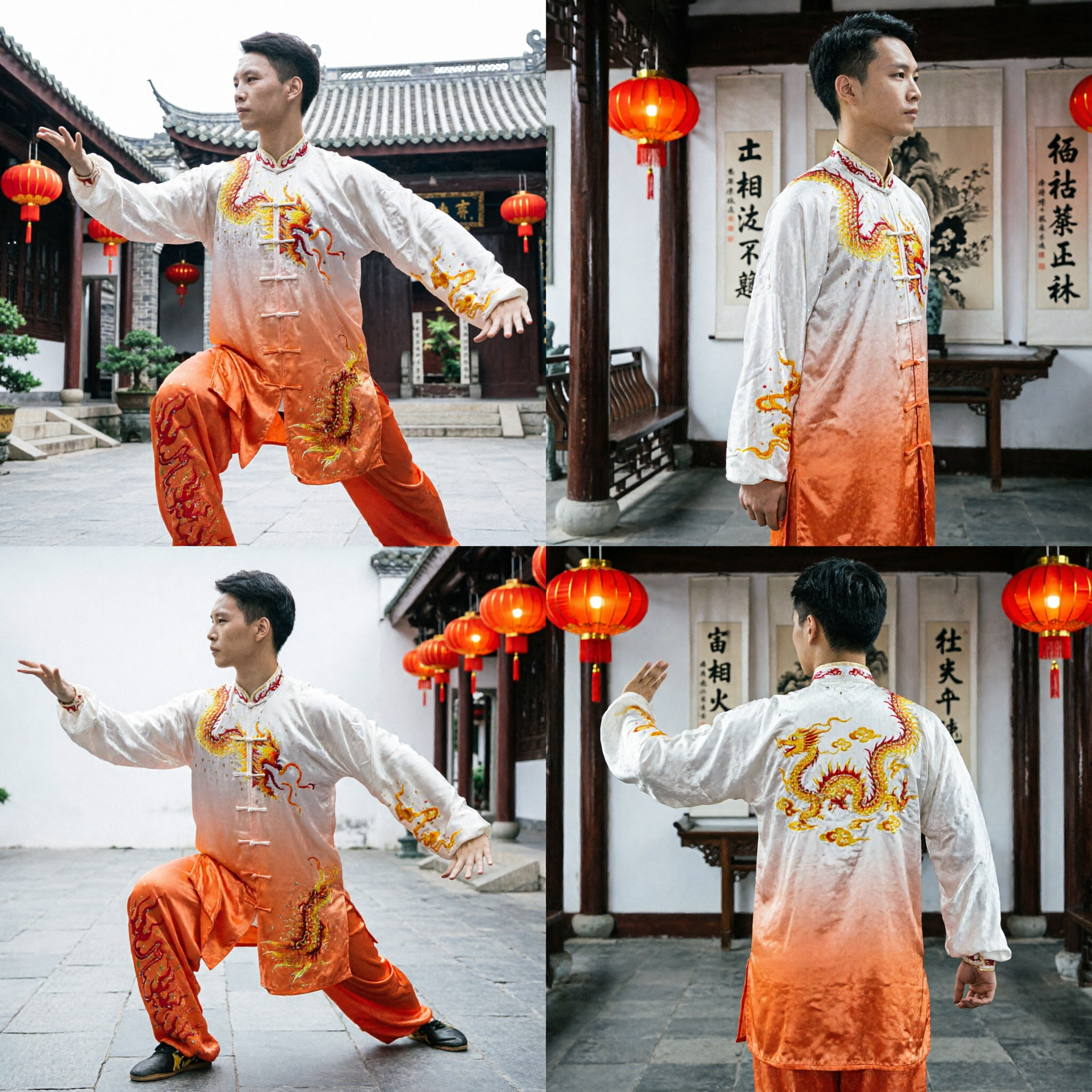 Men's Silk Dragon Embroidery Kung Fu Uniform Traditional Tai Chi Martial Arts Performance Costume - Asian Costume