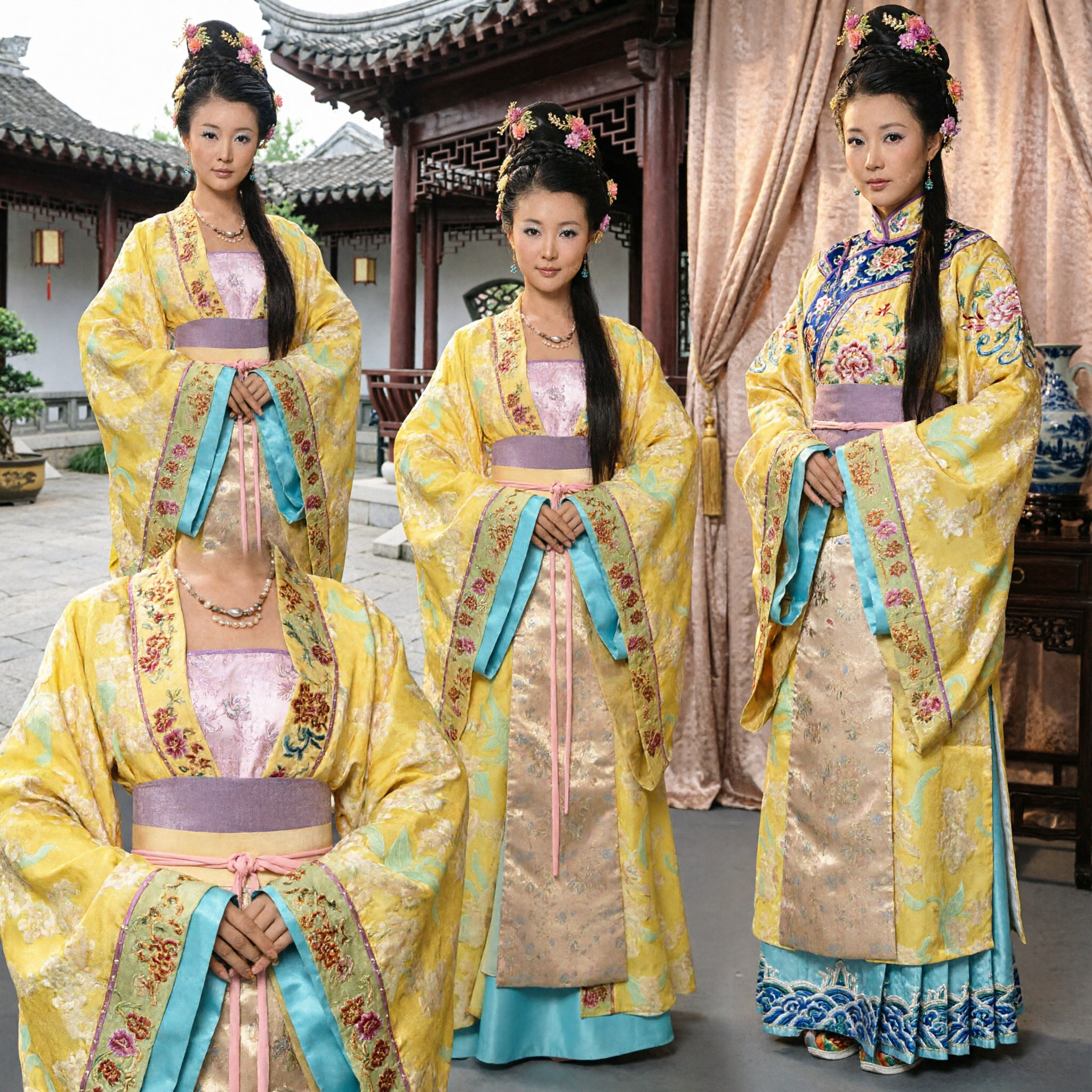 Ancient Chinese Tang Dynasty Princess Costume Yellow Floral Hanfu Traditional Performance Dress for Women - Asian Costume