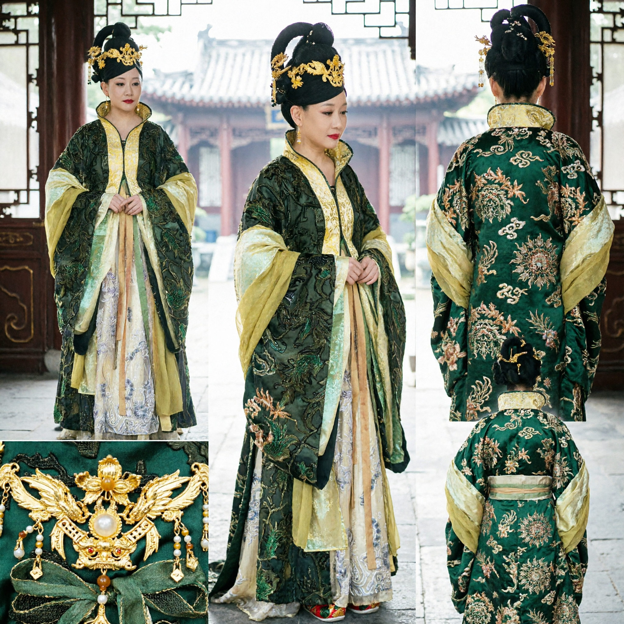 Ancient Chinese Tang Dynasty Empress Costume Green Embroidered Hanfu Dress Set for Women - Asian Costume