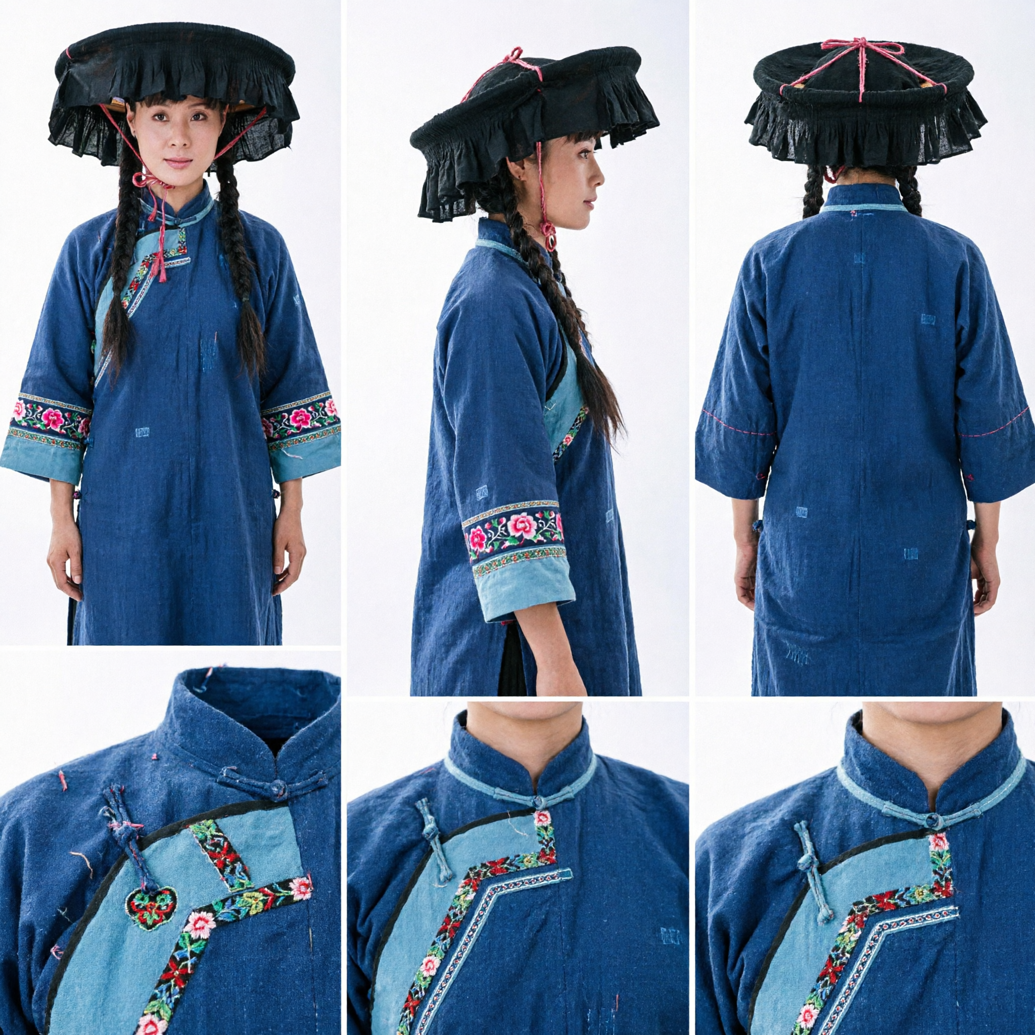 Traditional Chinese Ethnic Minority Black Bamboo Hat with Ruffled Brim for Folk Dance and Historical Drama Costumes - Asian Costume