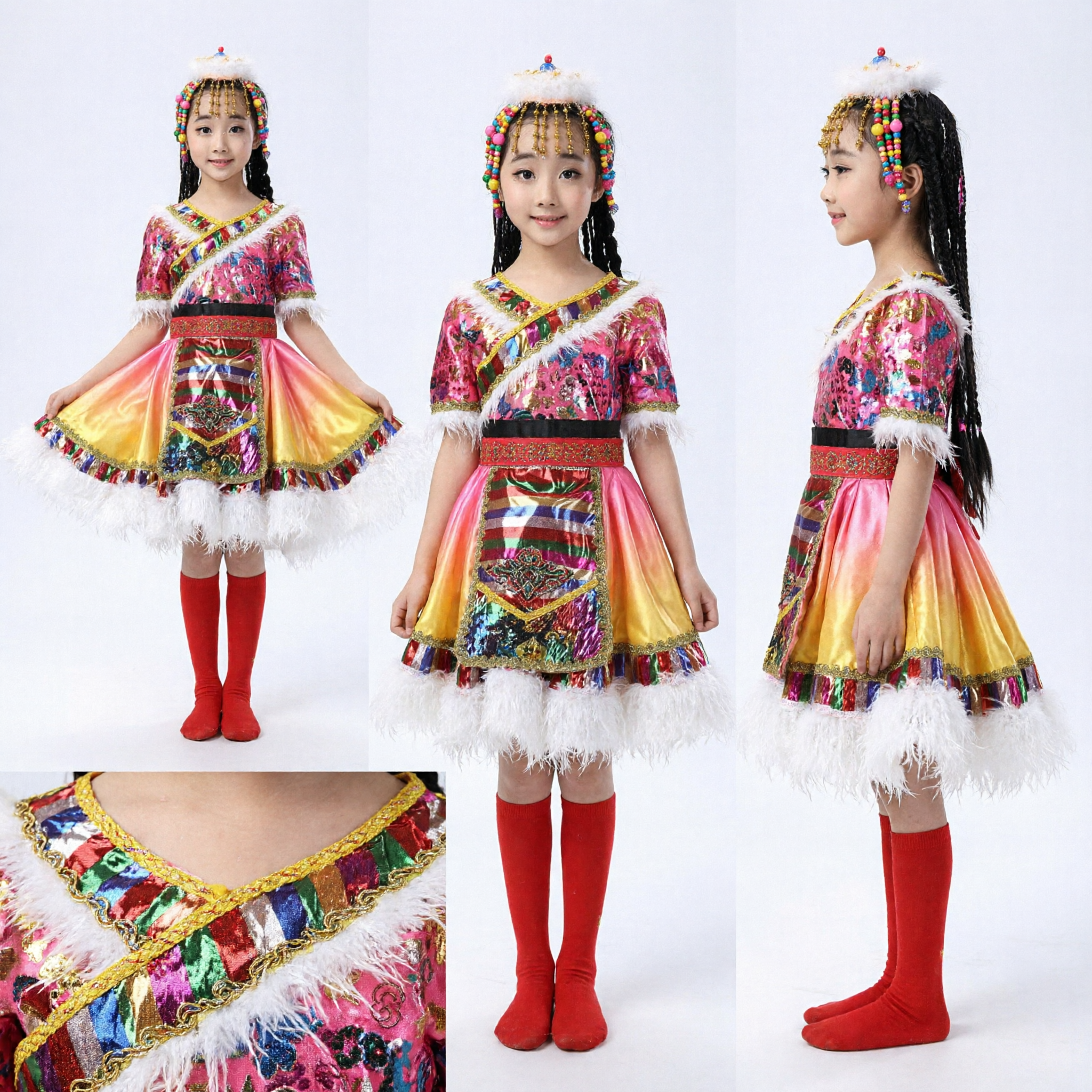Girls Traditional Tibetan Ethnic Dance Costume Colorful Folk Dress Stage Performance Outfit with Headdress - Asian Costume