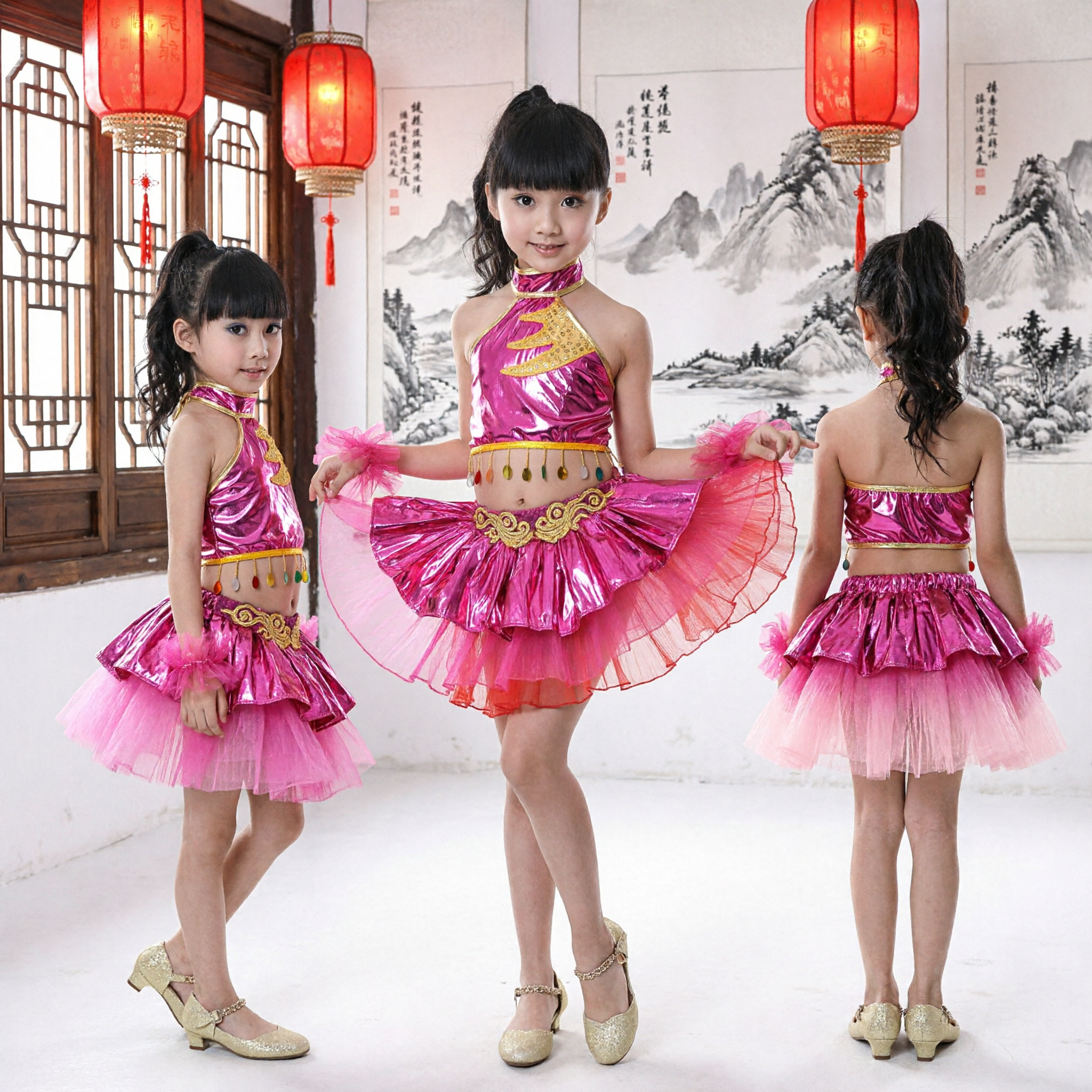 Girls Pink Latin Dance Costume Shiny Halter Top Sequin Skirt Stage Performance Outfit for Kids - Asian Costume
