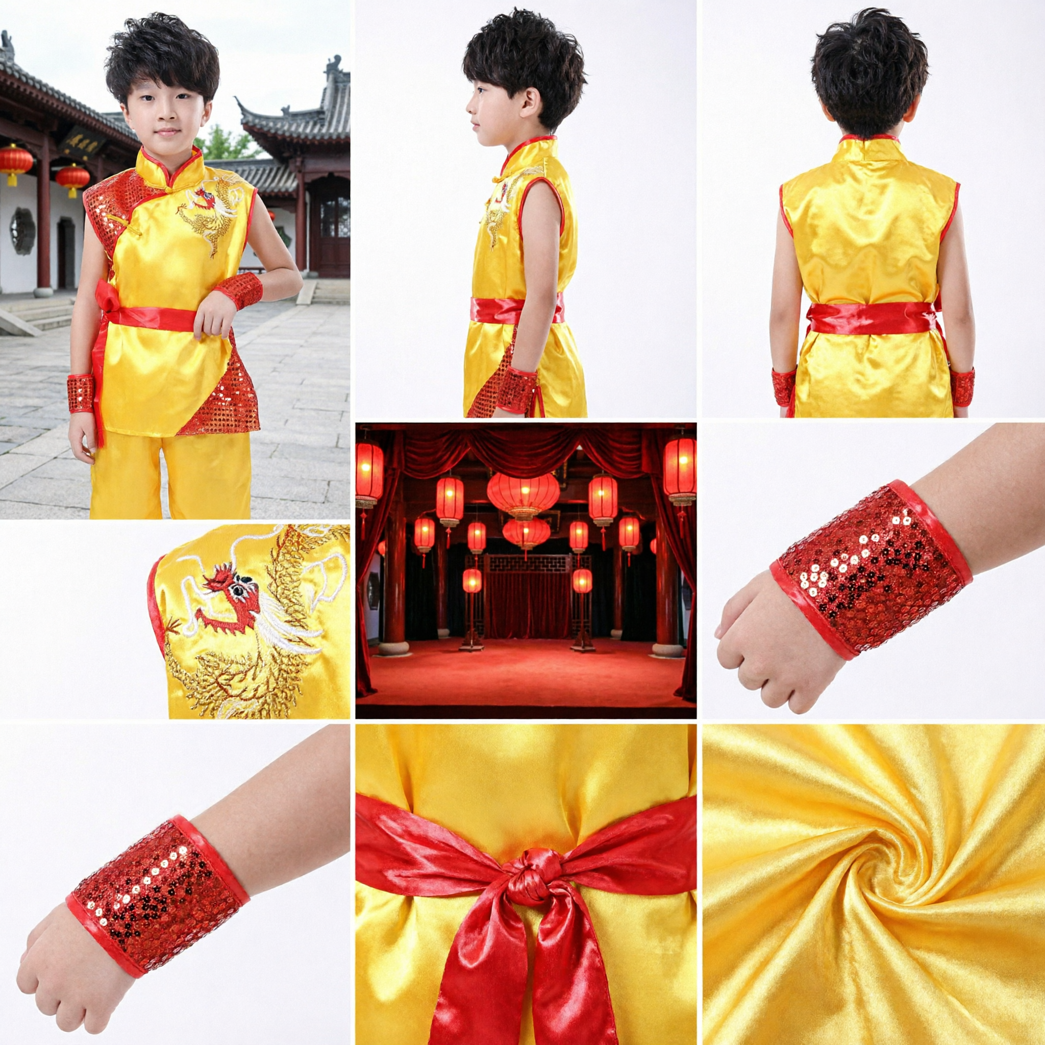 Boys Traditional Chinese Dragon Kung Fu Costume Yellow Folk Dance Performance Outfit for Kids - Asian Costume