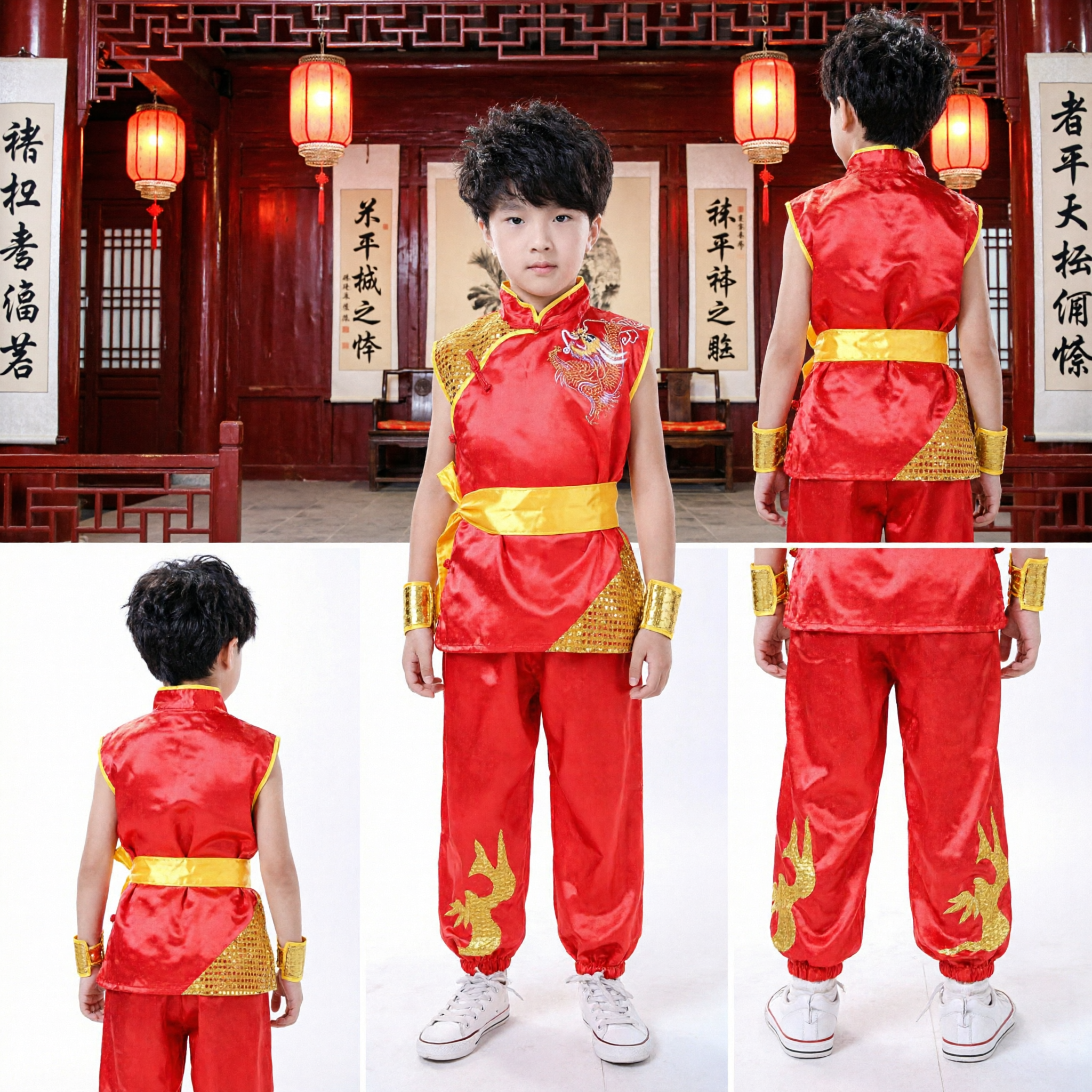 Boys Red Traditional Chinese Kung Fu Costume with Gold Dragon Embroidery Martial Arts Uniform for Kids - Asian Costume