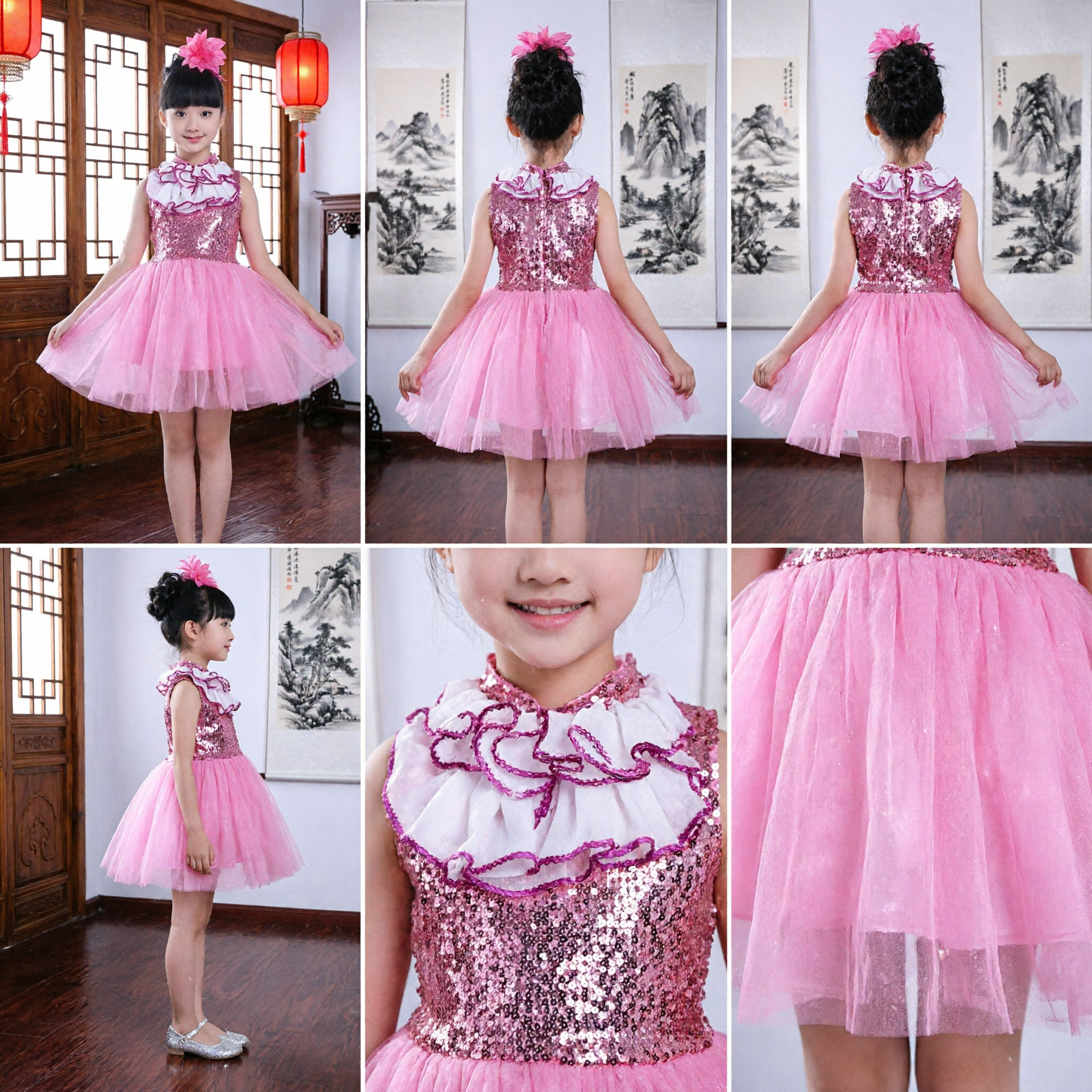 Girls Pink Sequin Performance Dress with Tulle Skirt for Stage Singing Hosting and Dance - Asian Costume