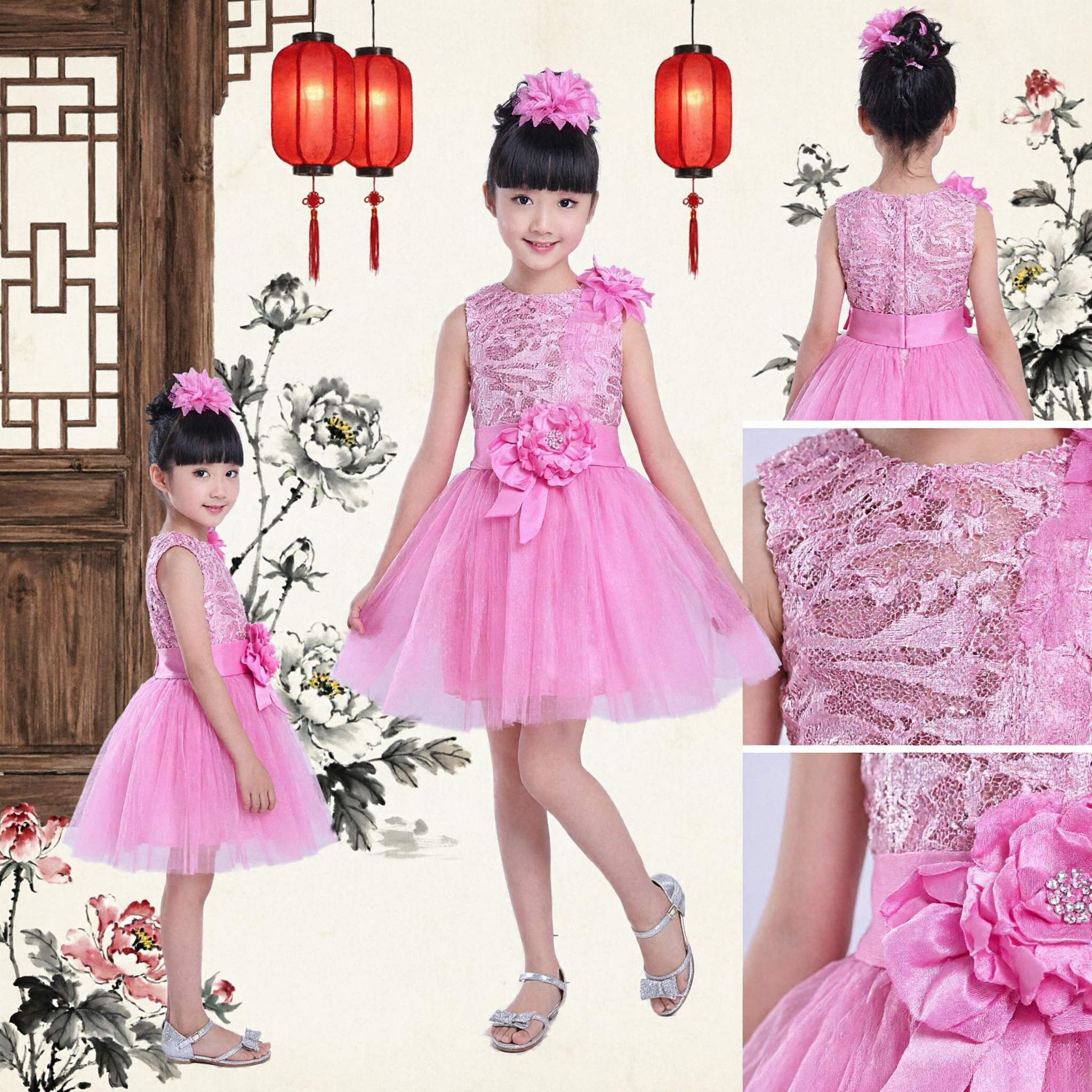 Girls Pink Sequin Lace Bodice Tulle Skirt Dress for Dance Performance Party Flower Girl - Asian Costume