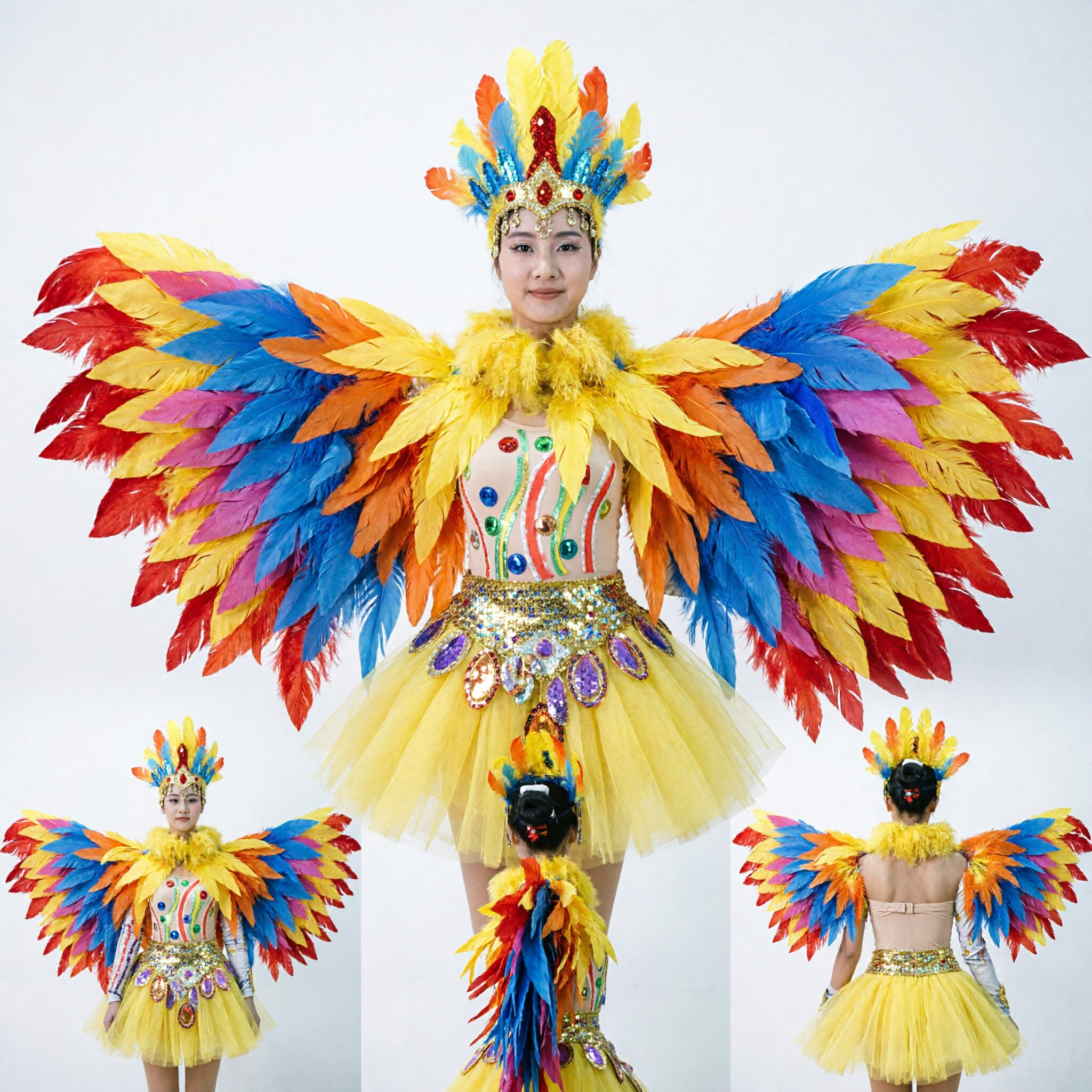 Women's Colorful Bird Phoenix Feather Dance Costume with Large Wings and Headdress for Stage Performance and Carnival - Asian Costume