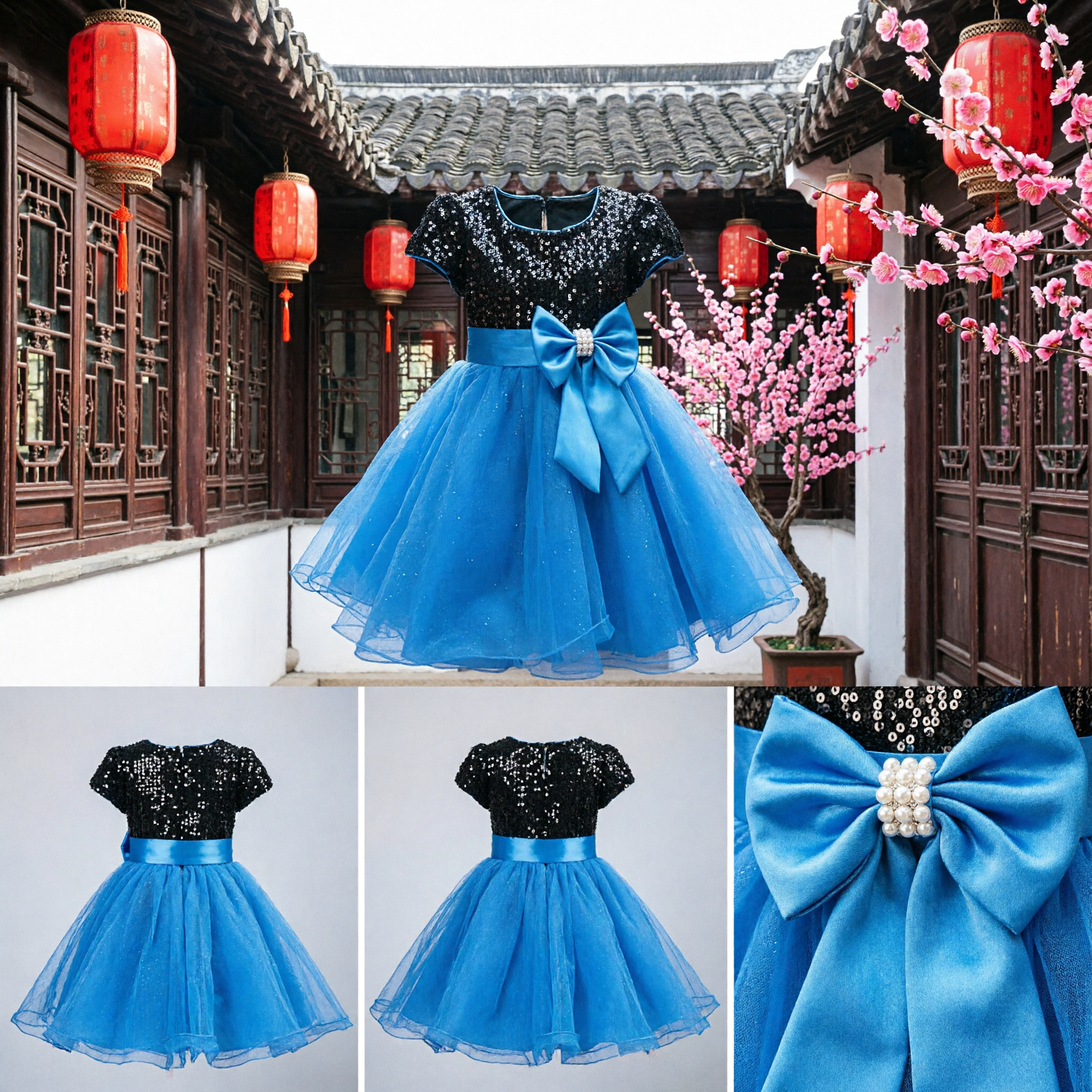 Toddler Girls Formal Party Dress Black Sequin Bodice Blue Tulle Skirt Big Bow Wedding Outfit - Asian Costume