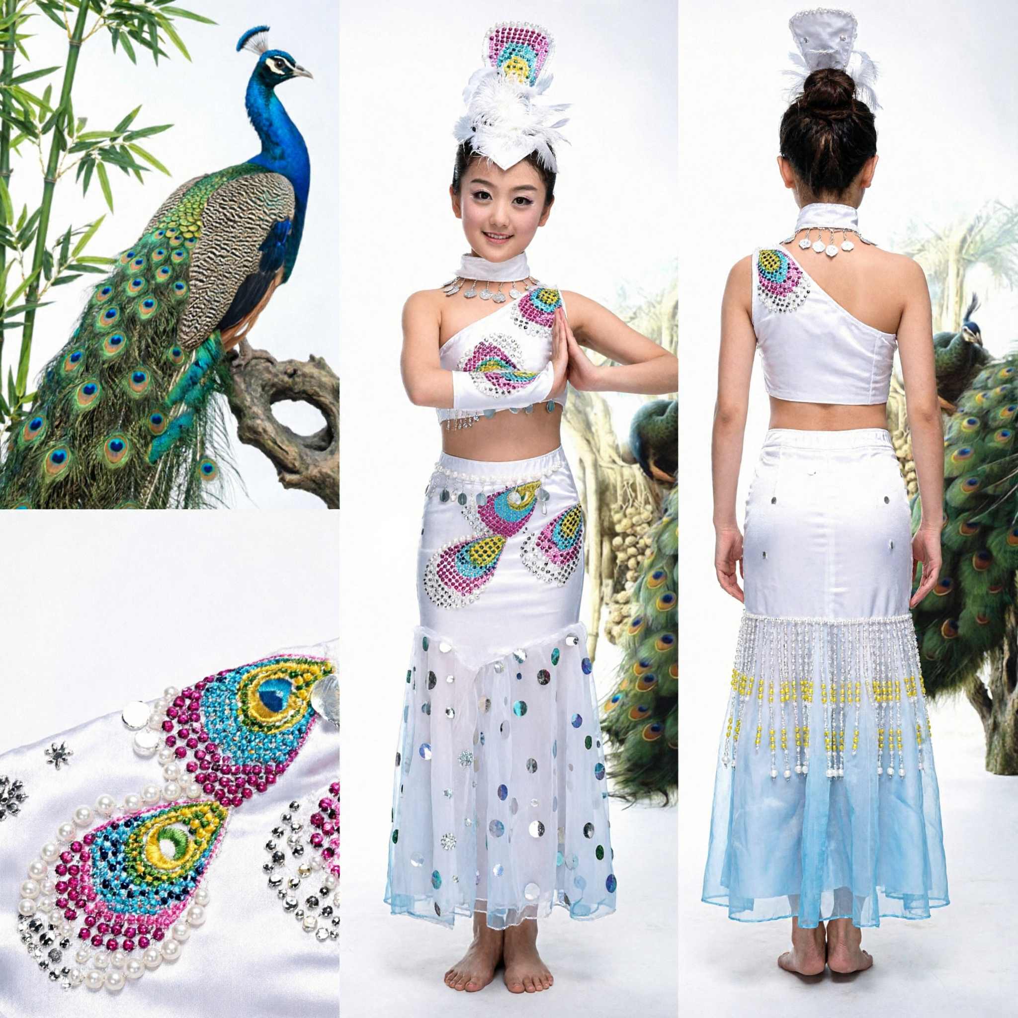 White Dai Peacock Dance Costume for Girls Traditional Chinese Ethnic Folk Dress Stage Performance Outfit - Asian Costume