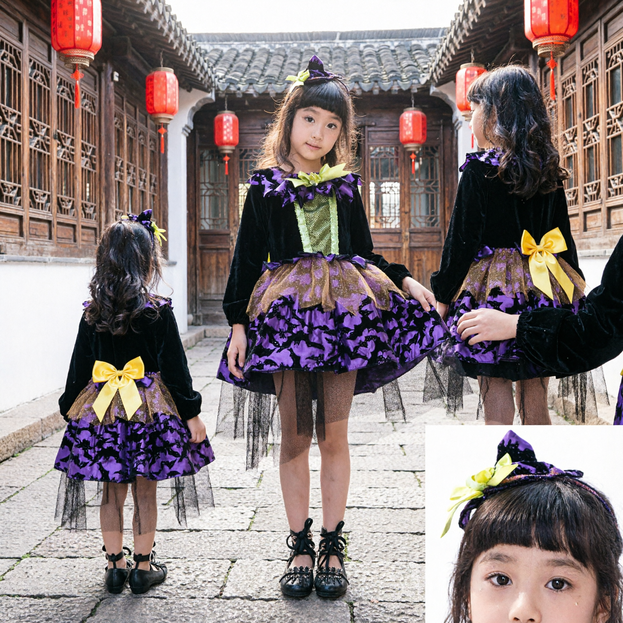 Magical Kids Girls Halloween Witch Costume Purple Bat Print Tutu Dress Cosplay Party Fancy Outfit - Asian Costume