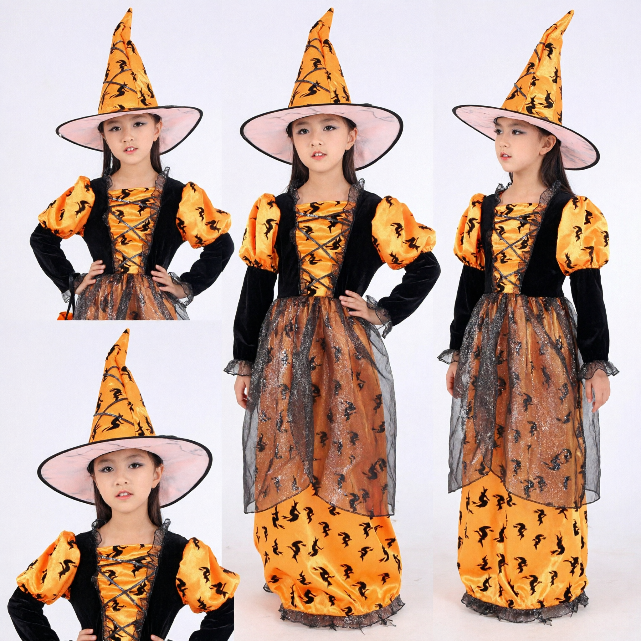 Girls Halloween Witch Costume Orange Black Dress with Pointed Hat Kids Cosplay Party Outfit - Asian Costume