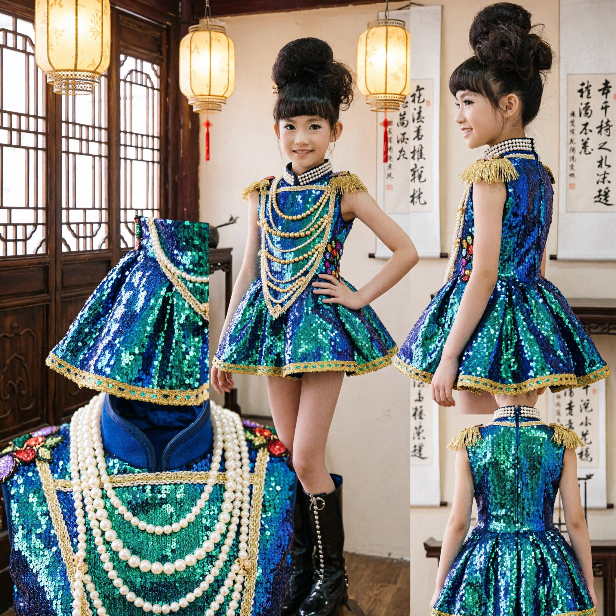 Kids Girls Sequin Dance Dress Modern Latin Jazz Stage Performance Costume with Gold Chains - Asian Costume