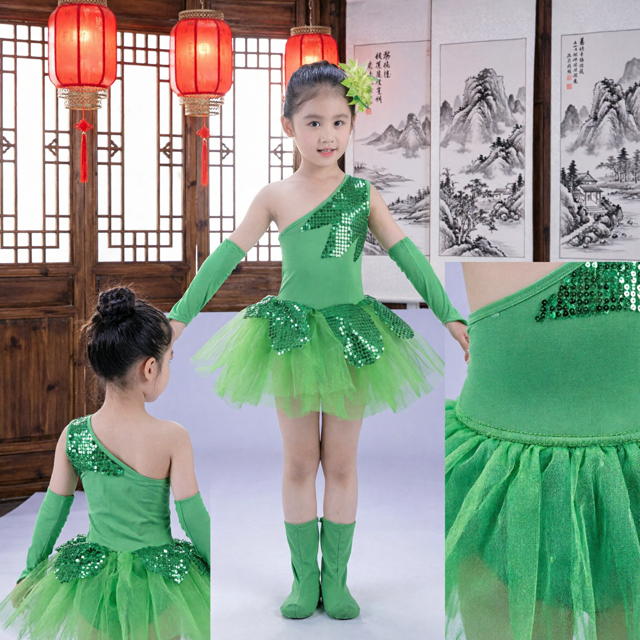 Green Kids Jazz Dance Costume One Shoulder Sequin Tutu Outfit Stage Performance Wear for Girls - Asian Costume