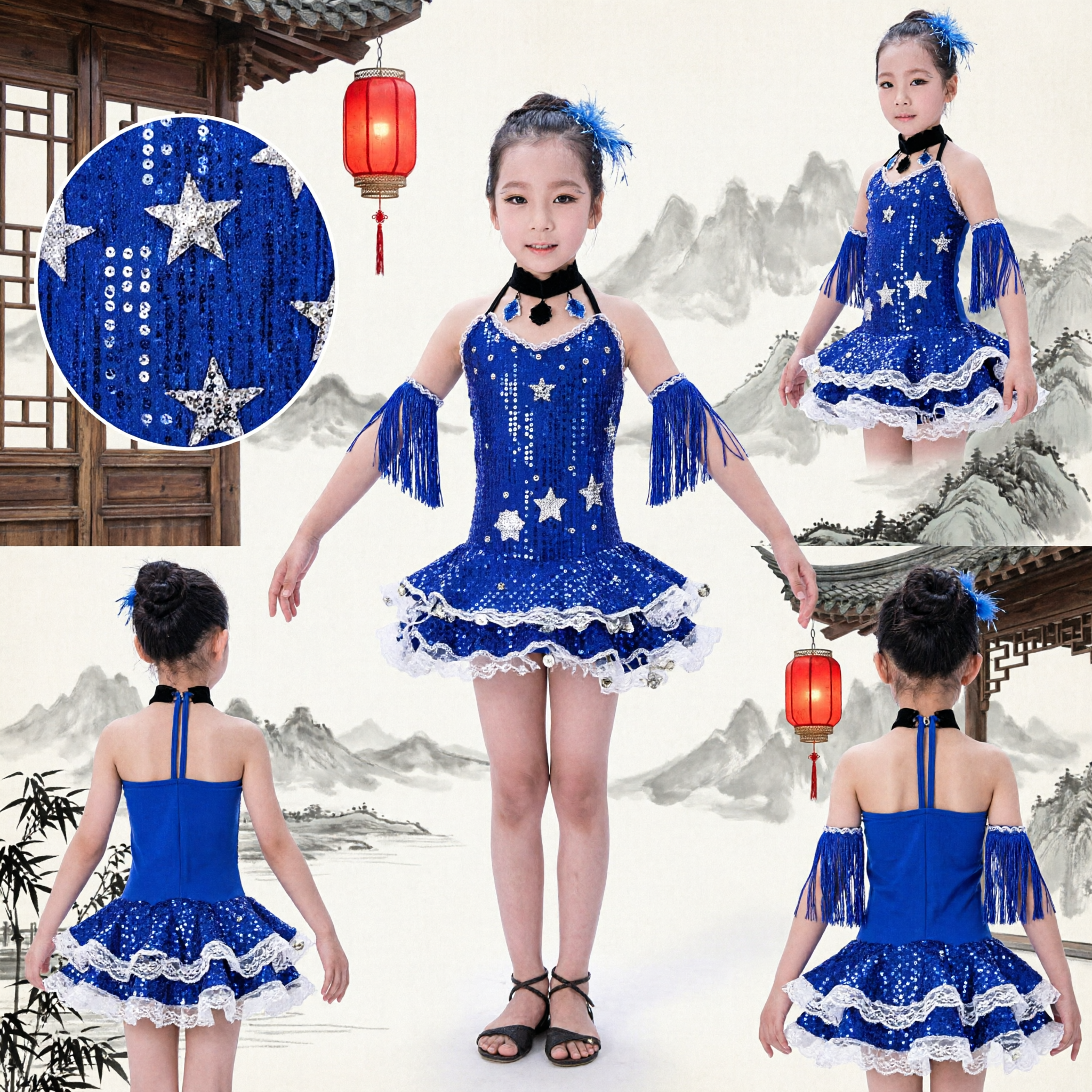 Girls Blue Latin Dance Dress Kids Ballroom Performance Costume with Sequins Fringe Sleeves and Ruffles - Asian Costume