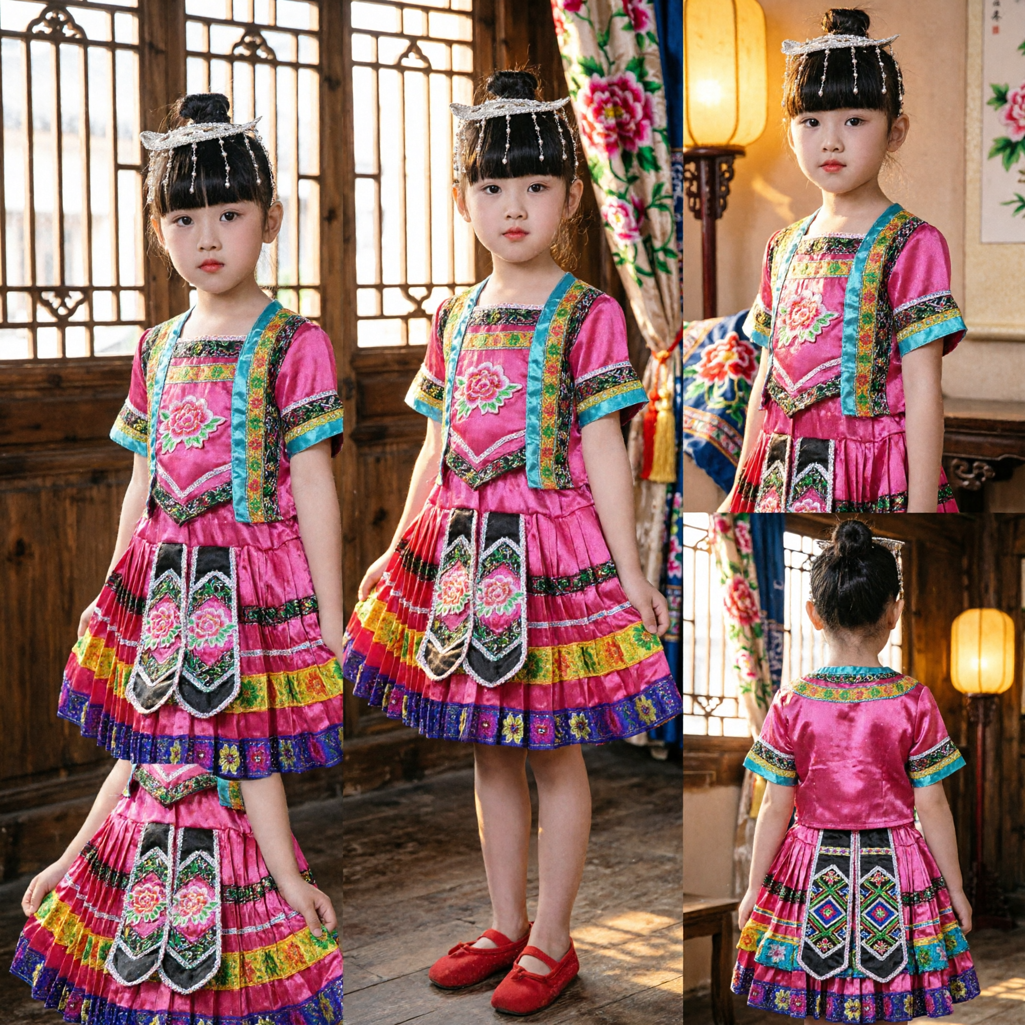 Kids Chinese Miao Minority Folk Dance Costume Traditional Ethnic Performance Dress for Girls Stage Show - Asian Costume