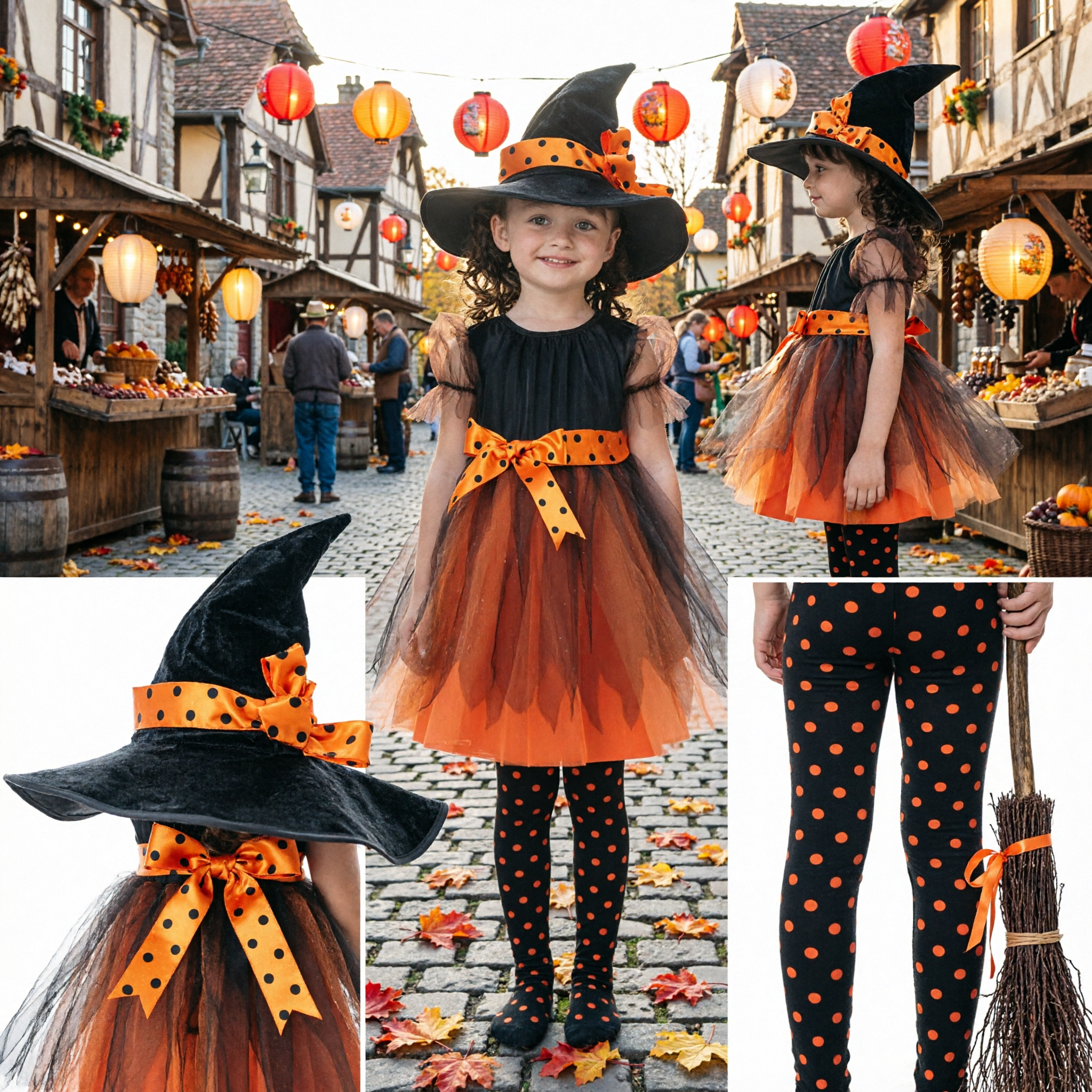 Girls Witch Costume Halloween Dress with Tulle Skirt Hat and Broomstick for Kids Trick or Treat Party - Asian Costume