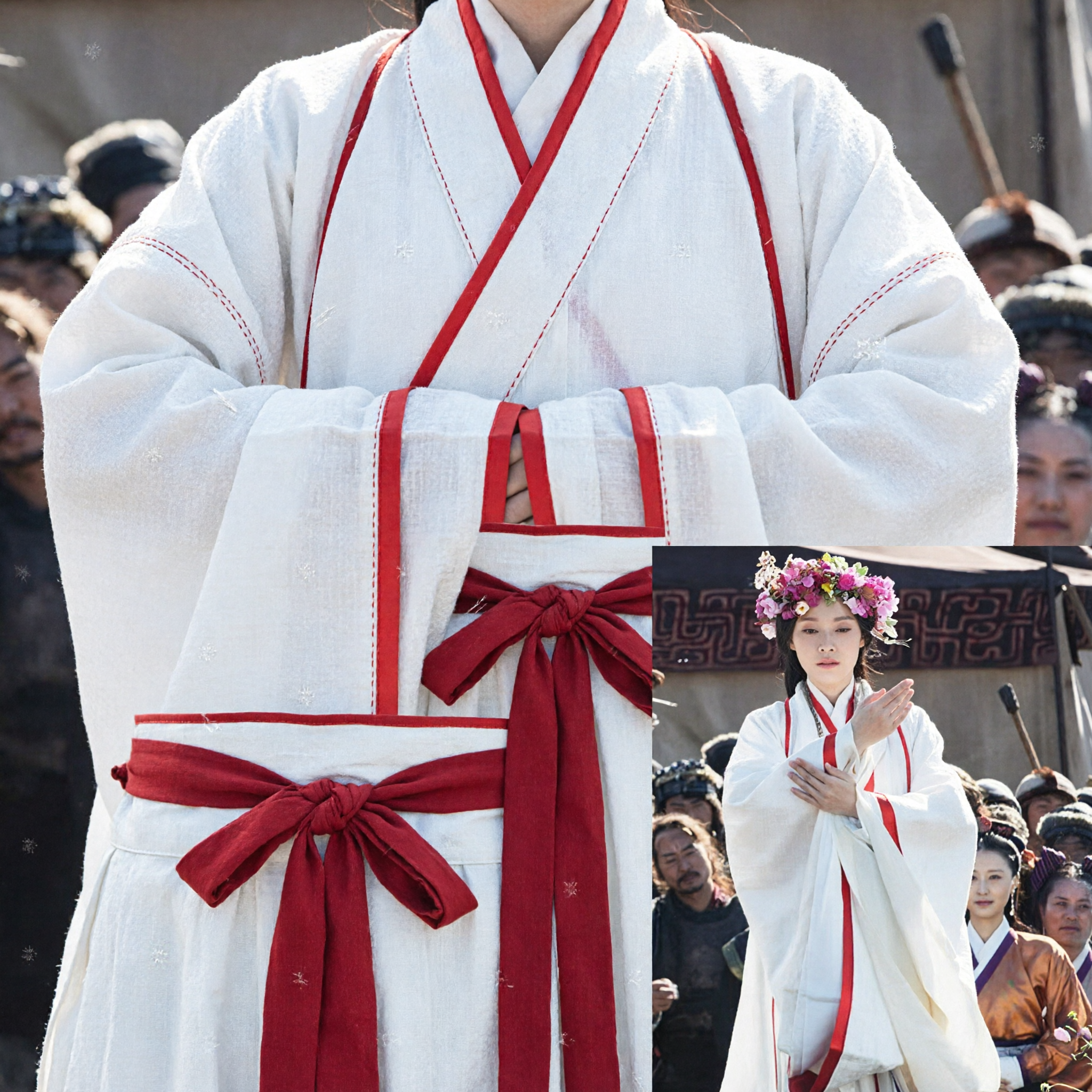 Traditional White Korean Hanbok Costume Set with Floral Headpiece for Women Ancient Royal Dress - Asian Costume