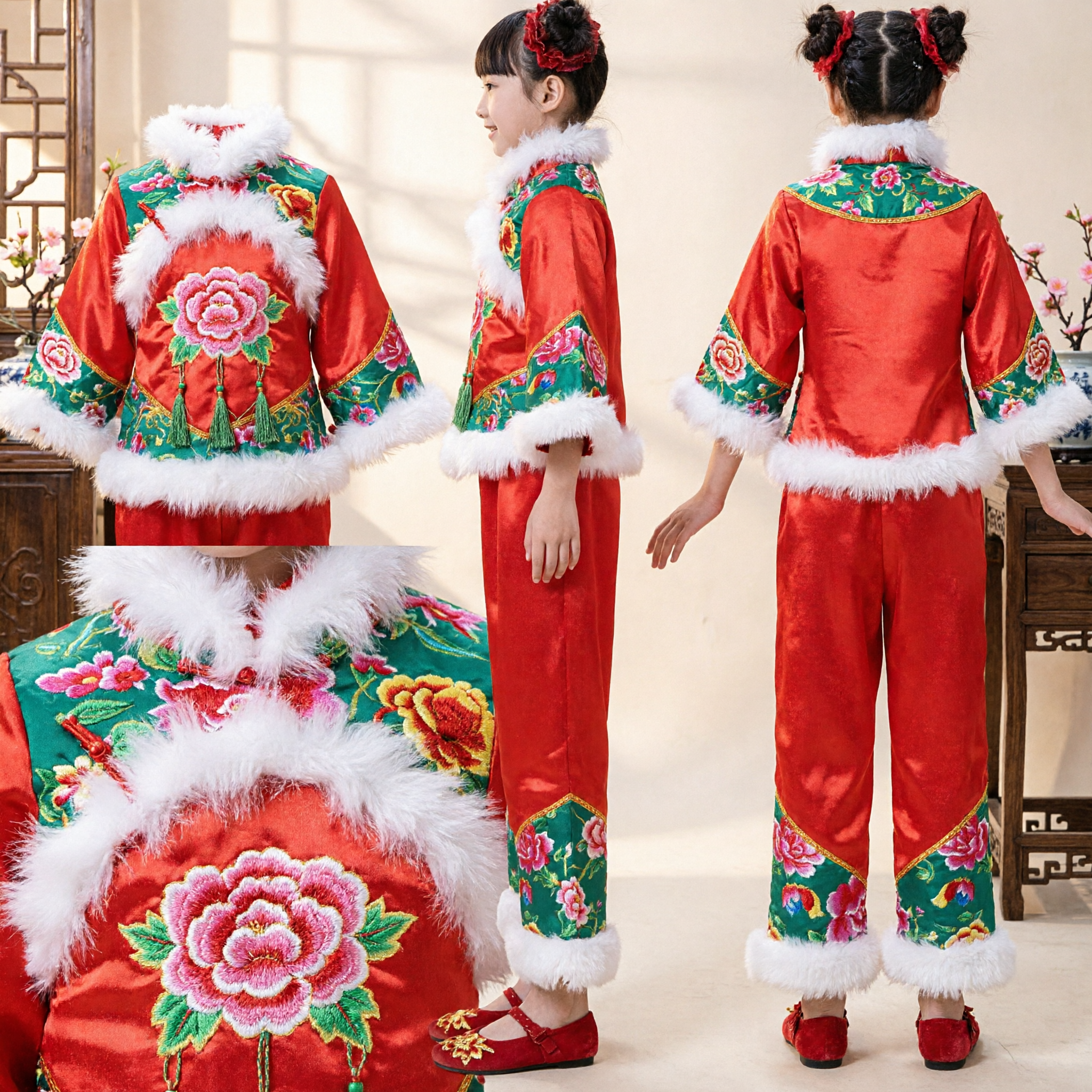 Traditional Chinese New Year Clothing for Girls Red Tang Suit Winter Fur Trim Costume Set - Asian Costume
