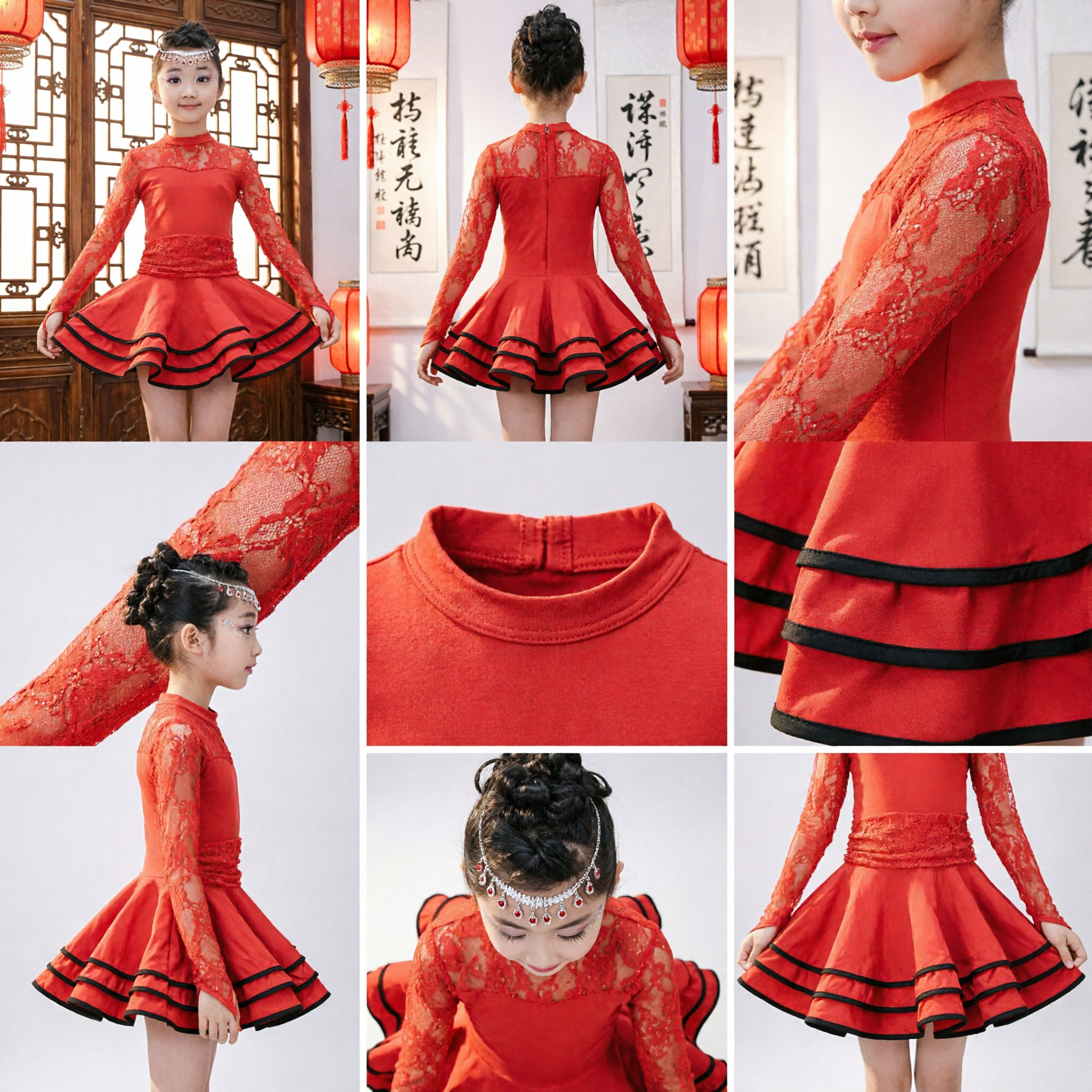 Girls Red Latin Dance Dress Long Sleeve Lace Top Ruffled Skirt Performance Costume for Kids - Asian Costume