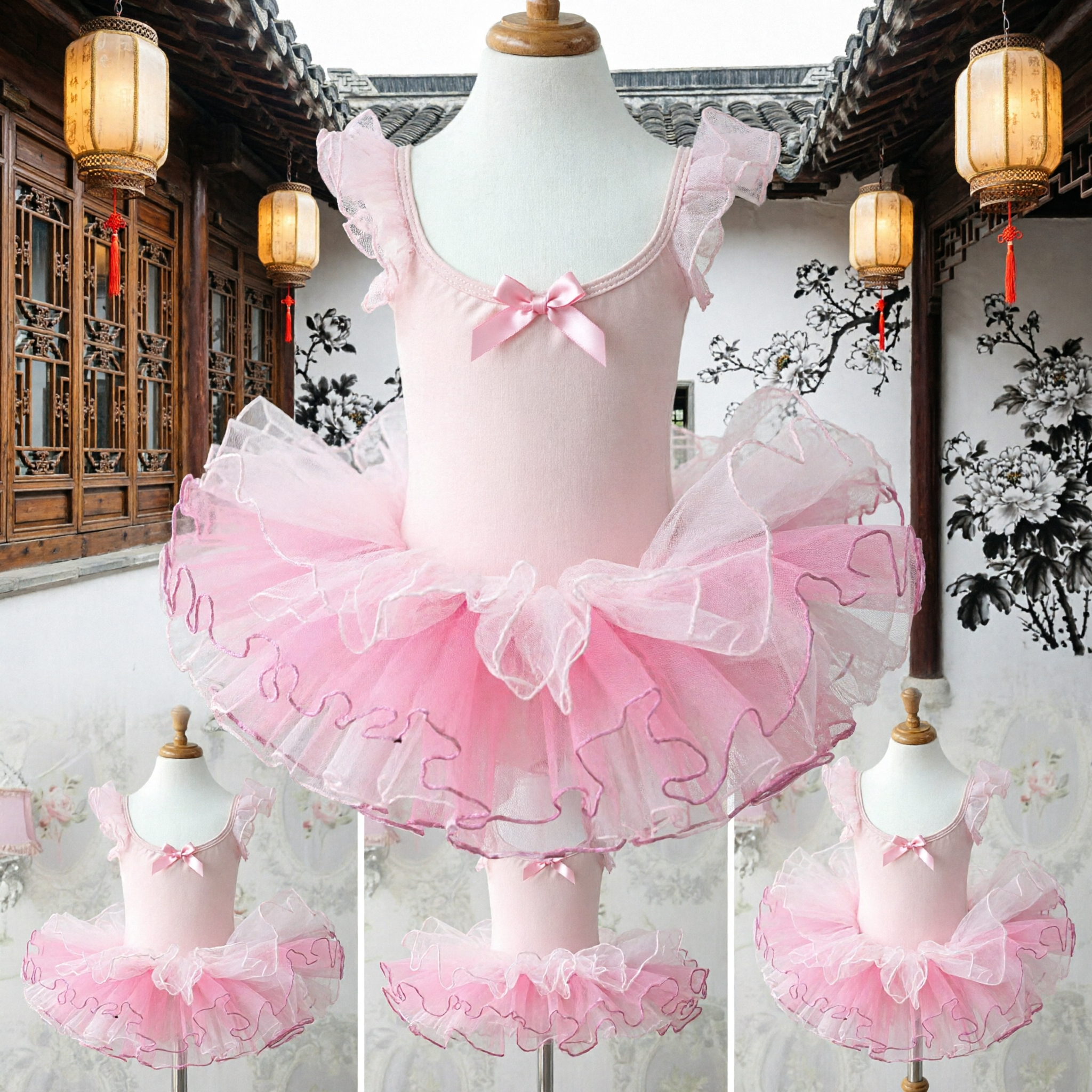 Girls Pink Ballet Tutu Dress with Ruffled Sleeves and Tulle Skirt for Dance Recital Performance - Asian Costume