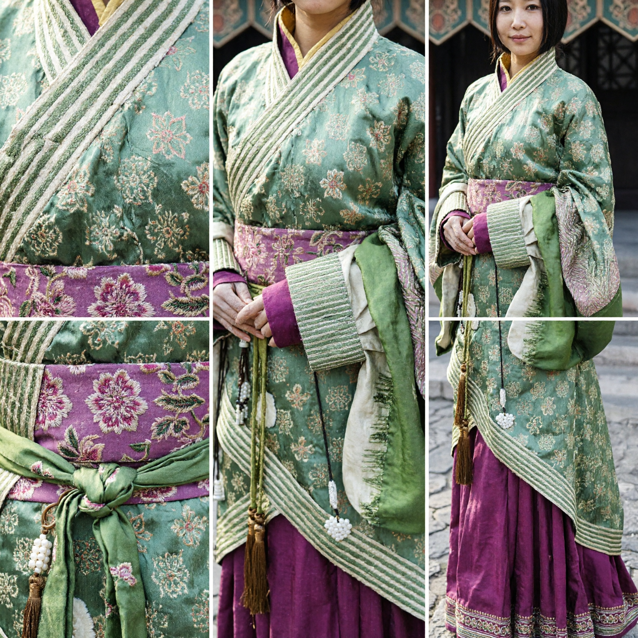 Traditional Chinese Hanfu Clothing Green Floral Robe Purple Skirt Ancient Han Dynasty Costume for Women - Asian Costume