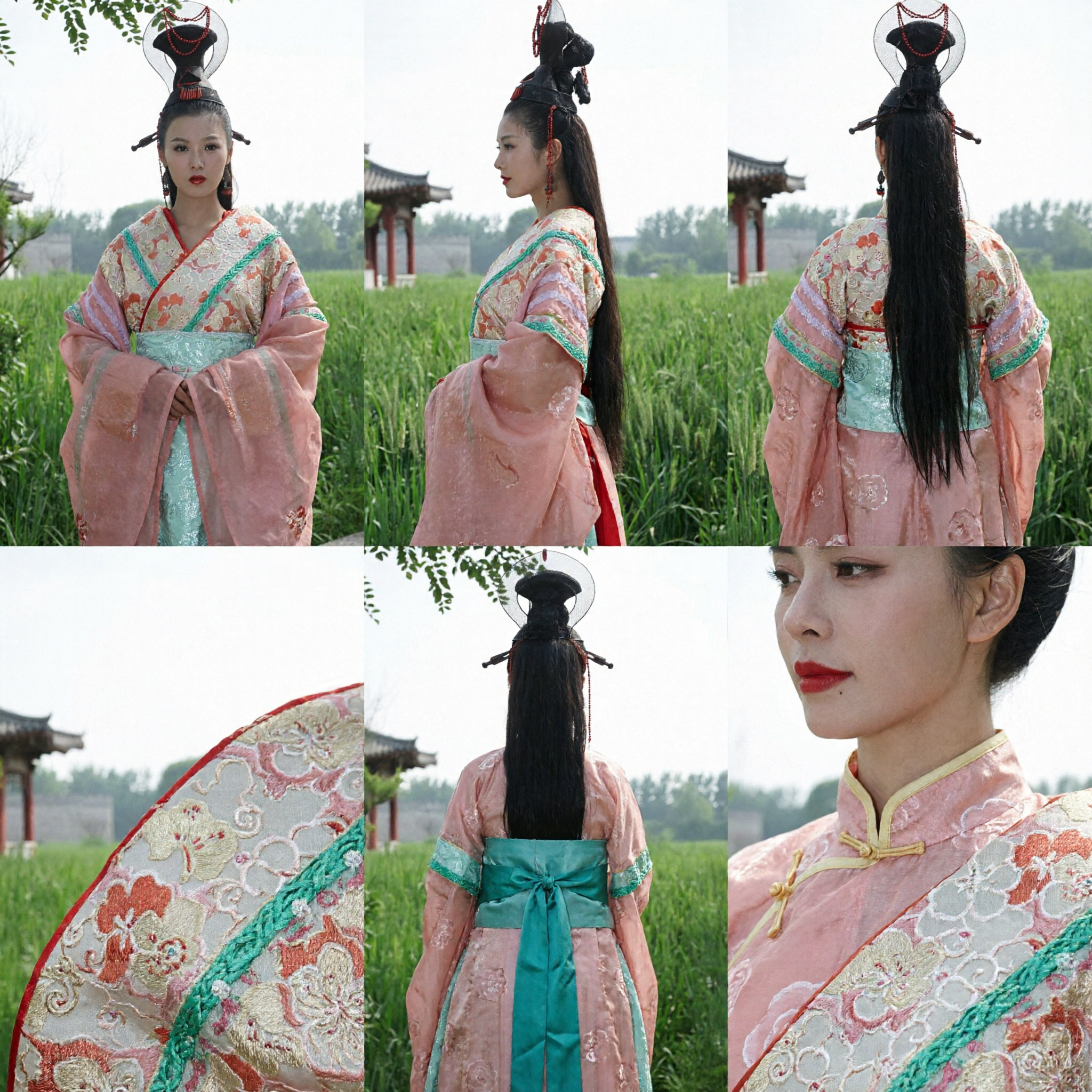 Traditional Ancient Chinese Princess Hanfu Costume Pink Floral Robe with Headdress for Women Cosplay - Asian Costume