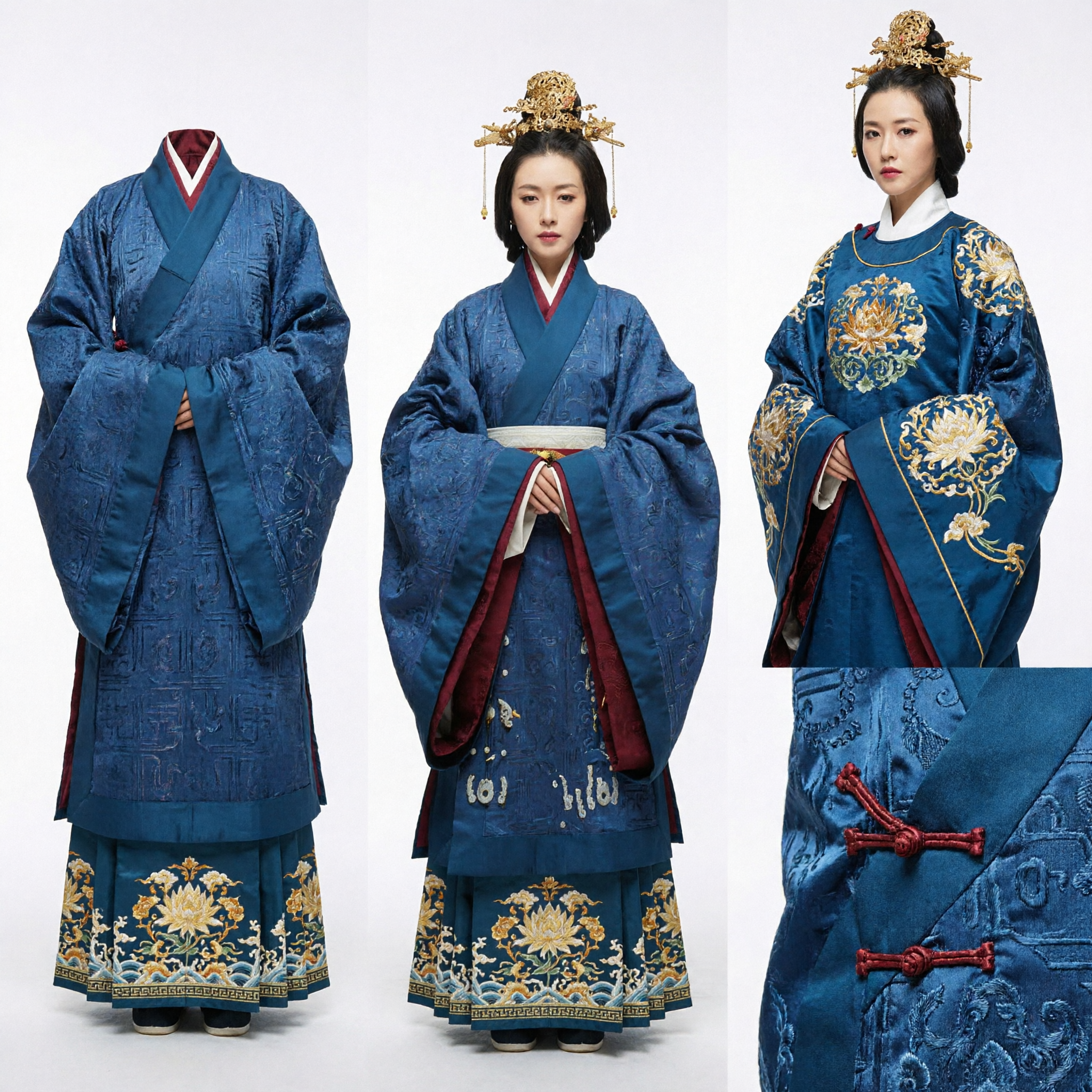 Ancient Chinese Hanfu Costume Blue Palace Robe and Golden Crown Traditional Historical Drama Empress Outfit for Women - Asian Costume