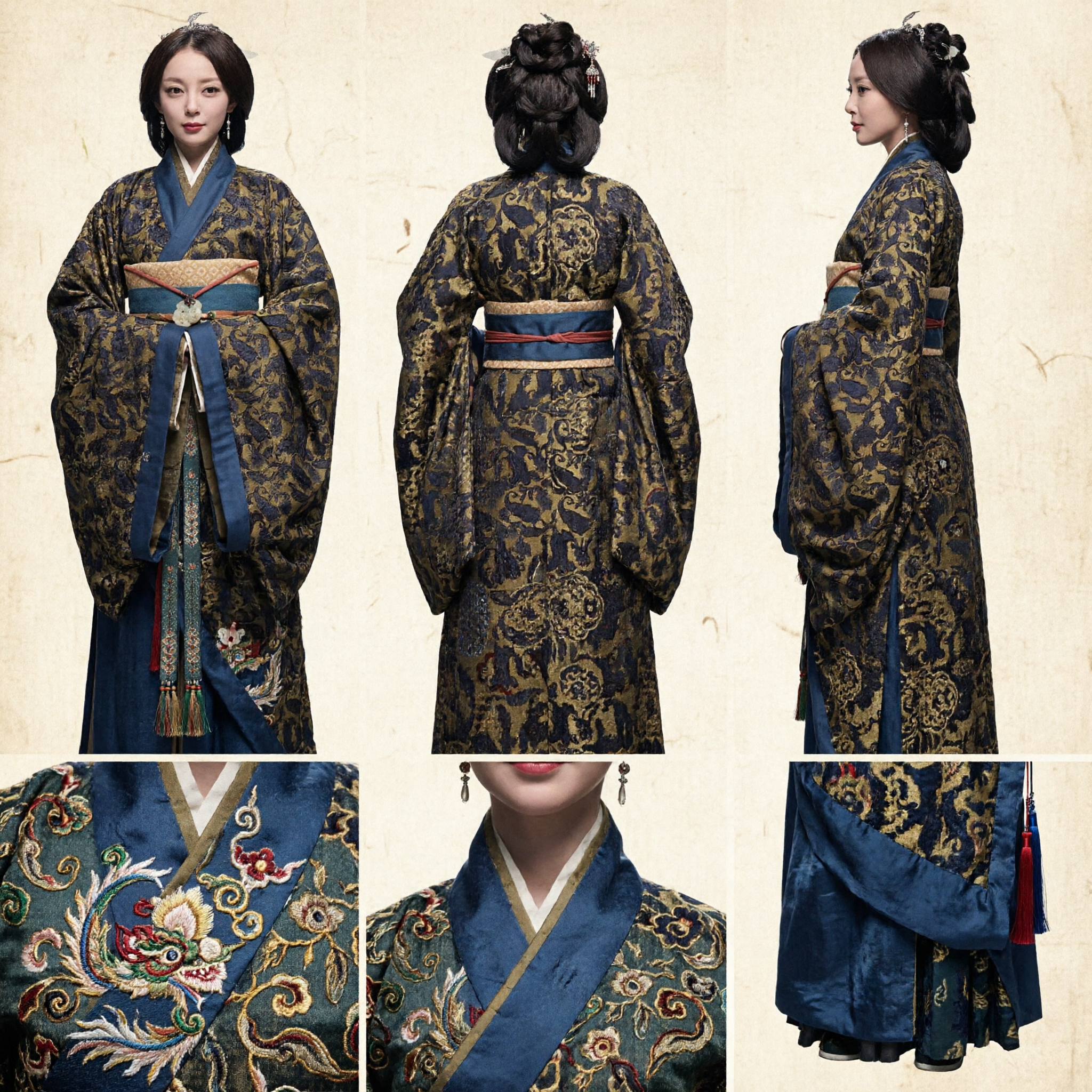 Elegant Traditional Chinese Hanfu Costume for Women Ancient Blue and Gold Brocade Robe for Historical Events - Asian Costume