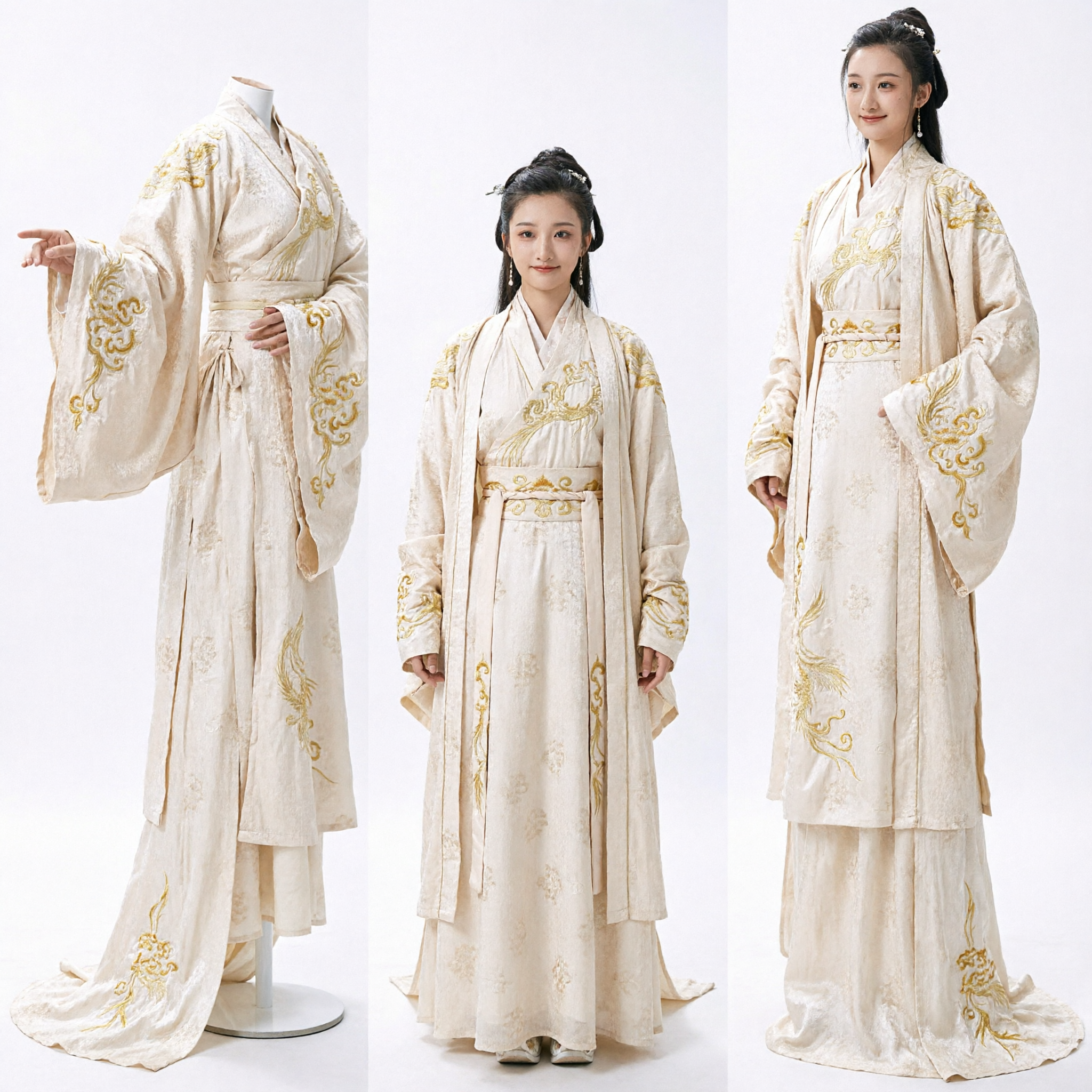 Men's Ancient Chinese Hanfu Costume Cream Embroidered Scholar Robe for Wuxia Cosplay and Stage Performance - Asian Costume