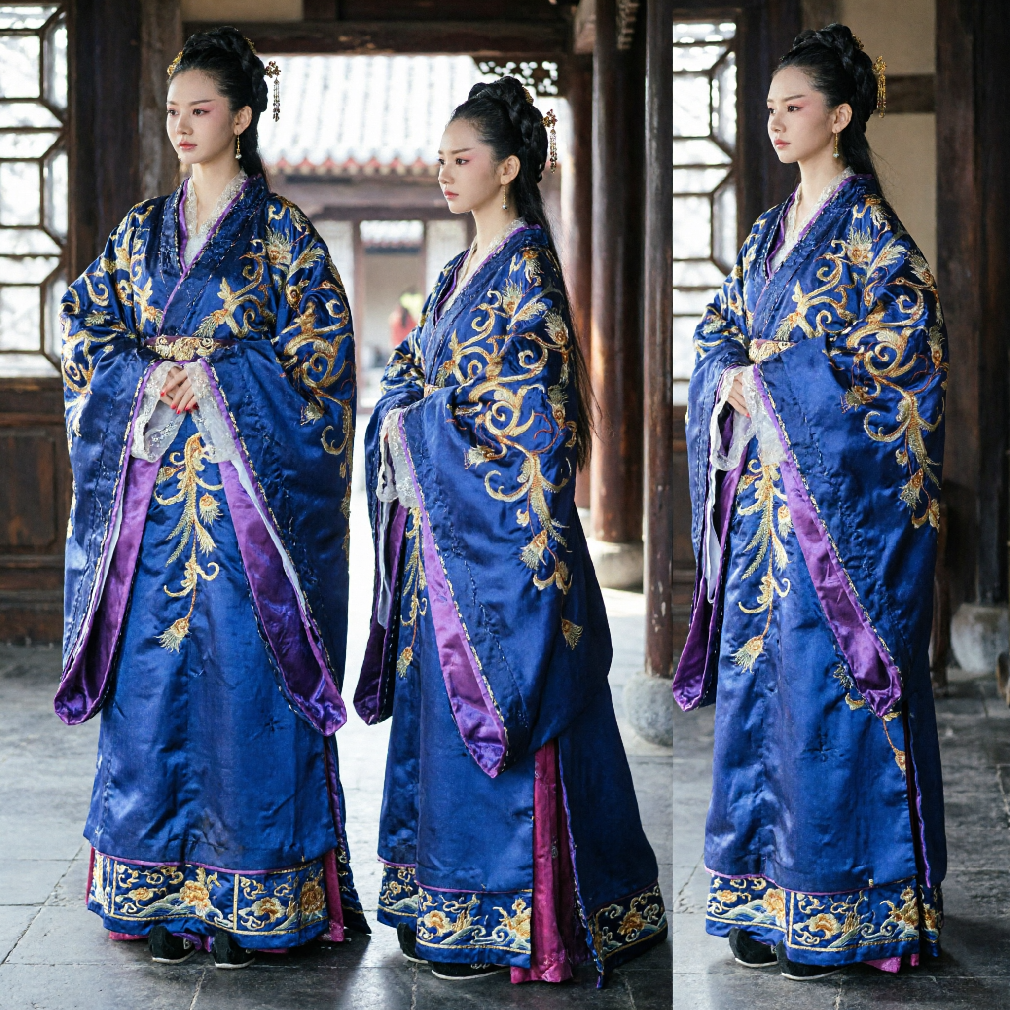 Royal Blue Tang Dynasty Chinese Hanfu Ancient Princess Costume with Gold Embroidery for Women Cosplay - Asian Costume