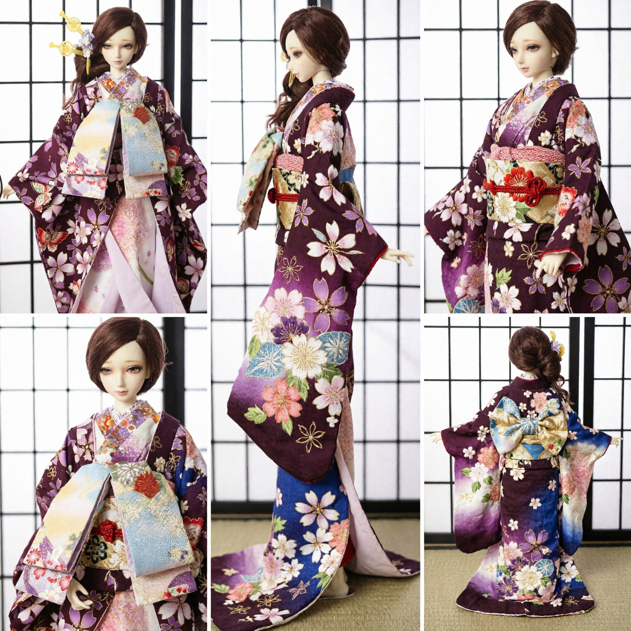 Traditional Japanese Purple Sakura Kimono Costume Set with Obi Sash and Hair Accessories for BJD Dolls - Asian Costume