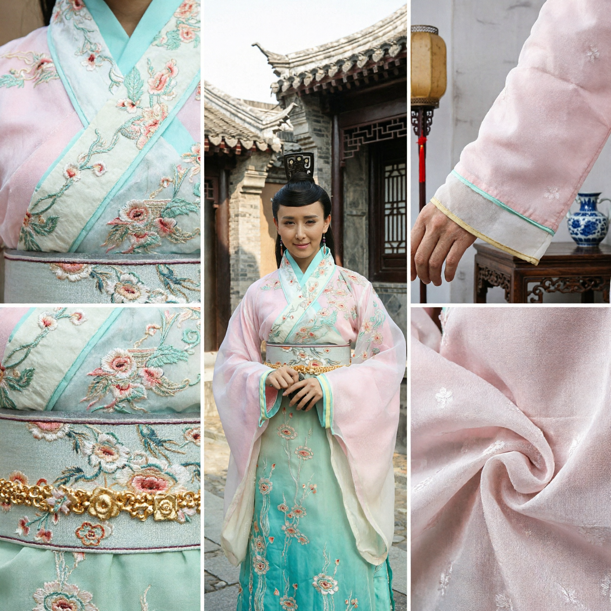 Traditional Chinese Hanfu Costume Ancient Princess Dress Pink and Green Floral Embroidery for Women - Asian Costume