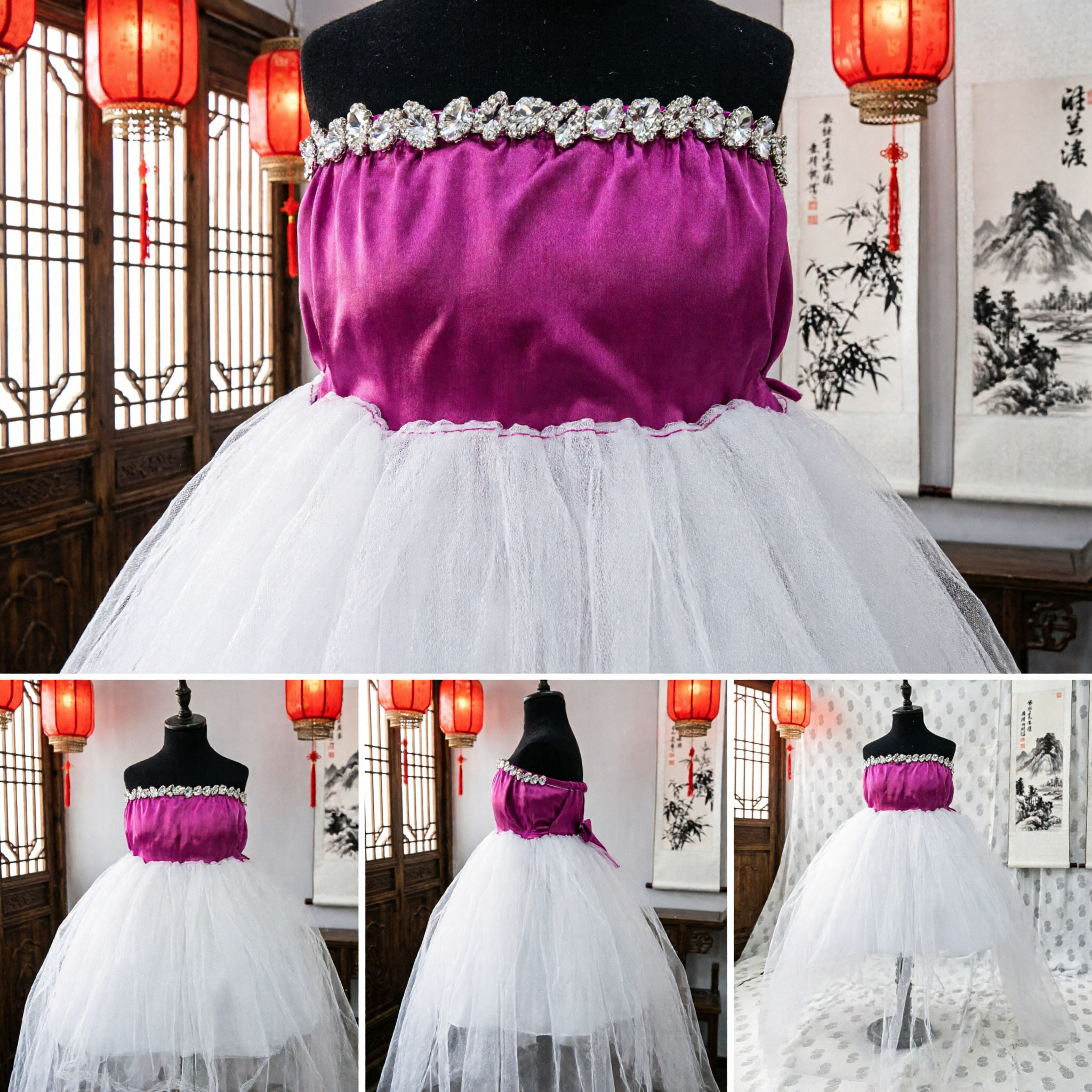 Girls Pink and White Flower Girl Dress with Tulle Skirt and Rhinestone Bodice for Wedding Pageants - Asian Costume