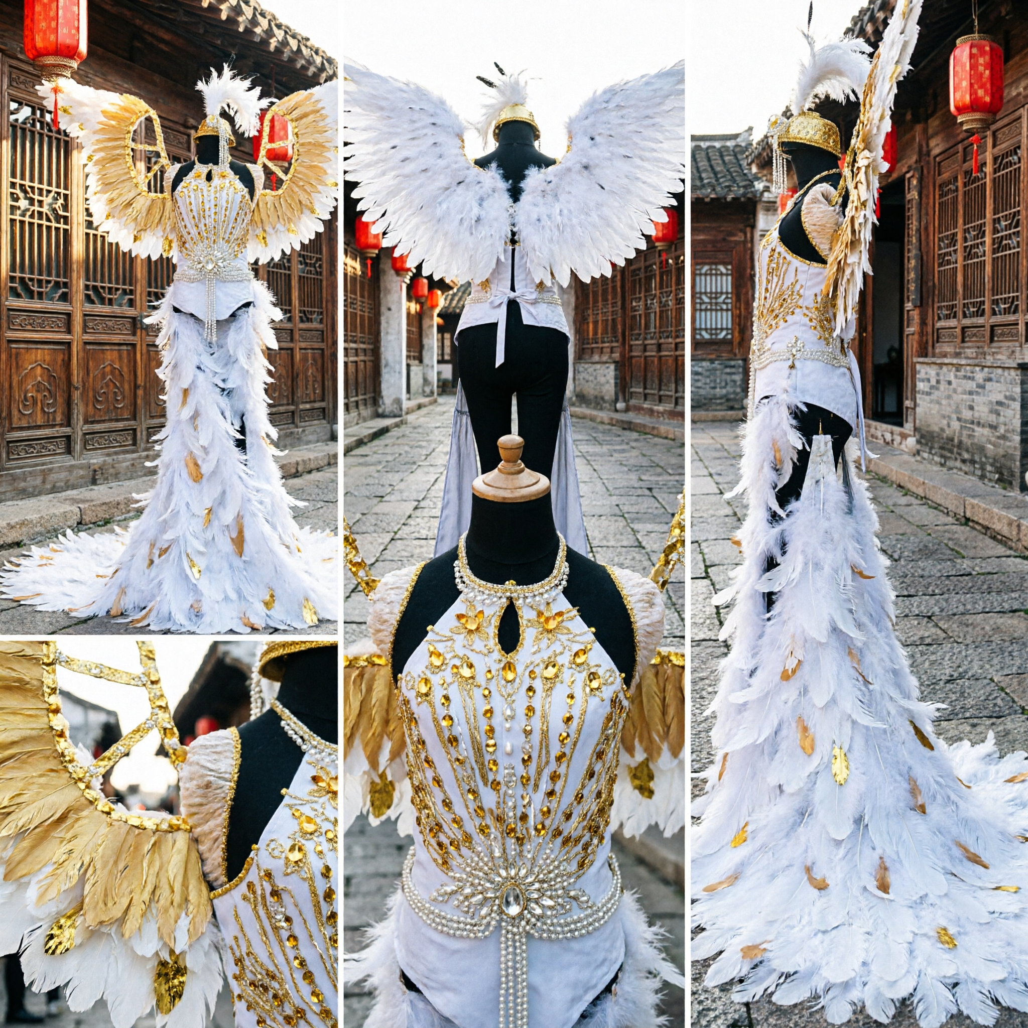 Women's White Gold Feather Wing Costume Carnival Samba Showgirl Stage Performance Angel Dance Dress - Asian Costume