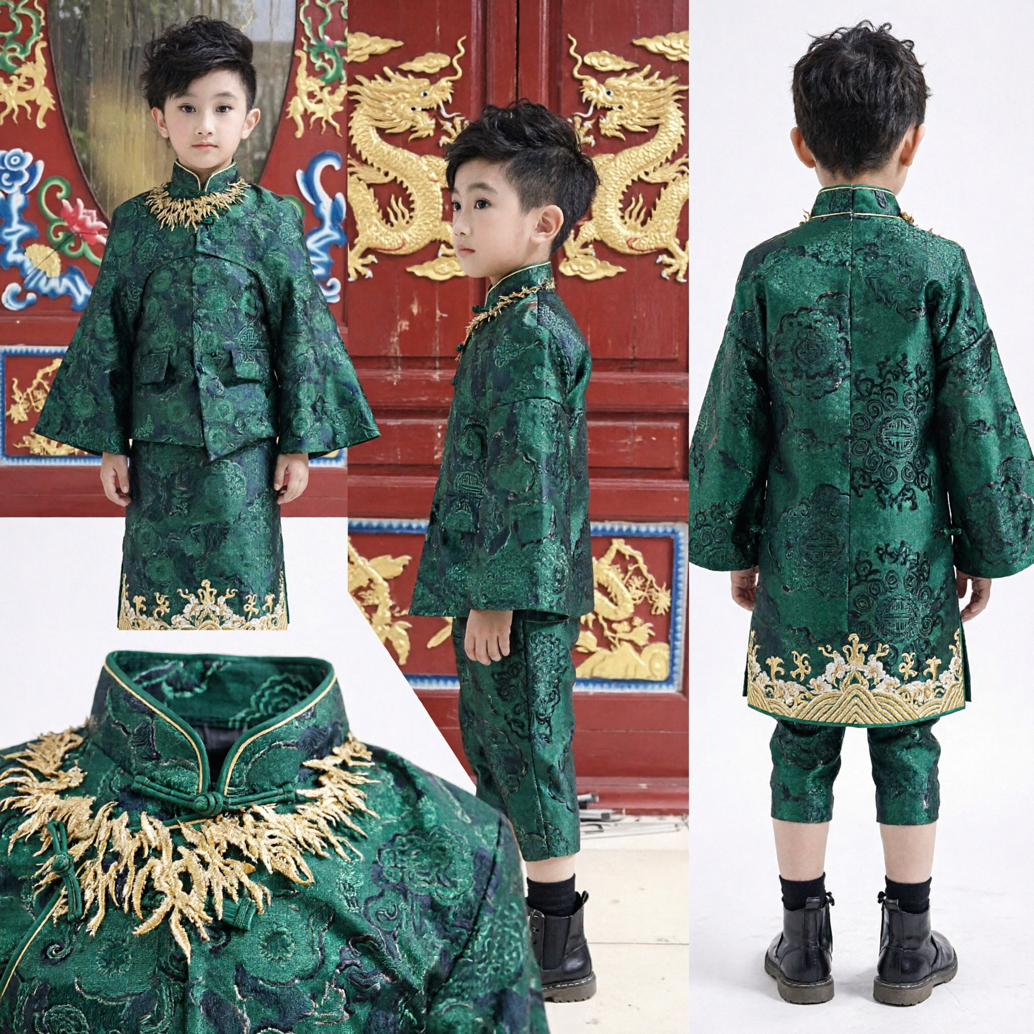 Boys Traditional Chinese Green Tang Suit Costume Kids Hanfu Dragon Brocade Stage Performance Outfit - Asian Costume