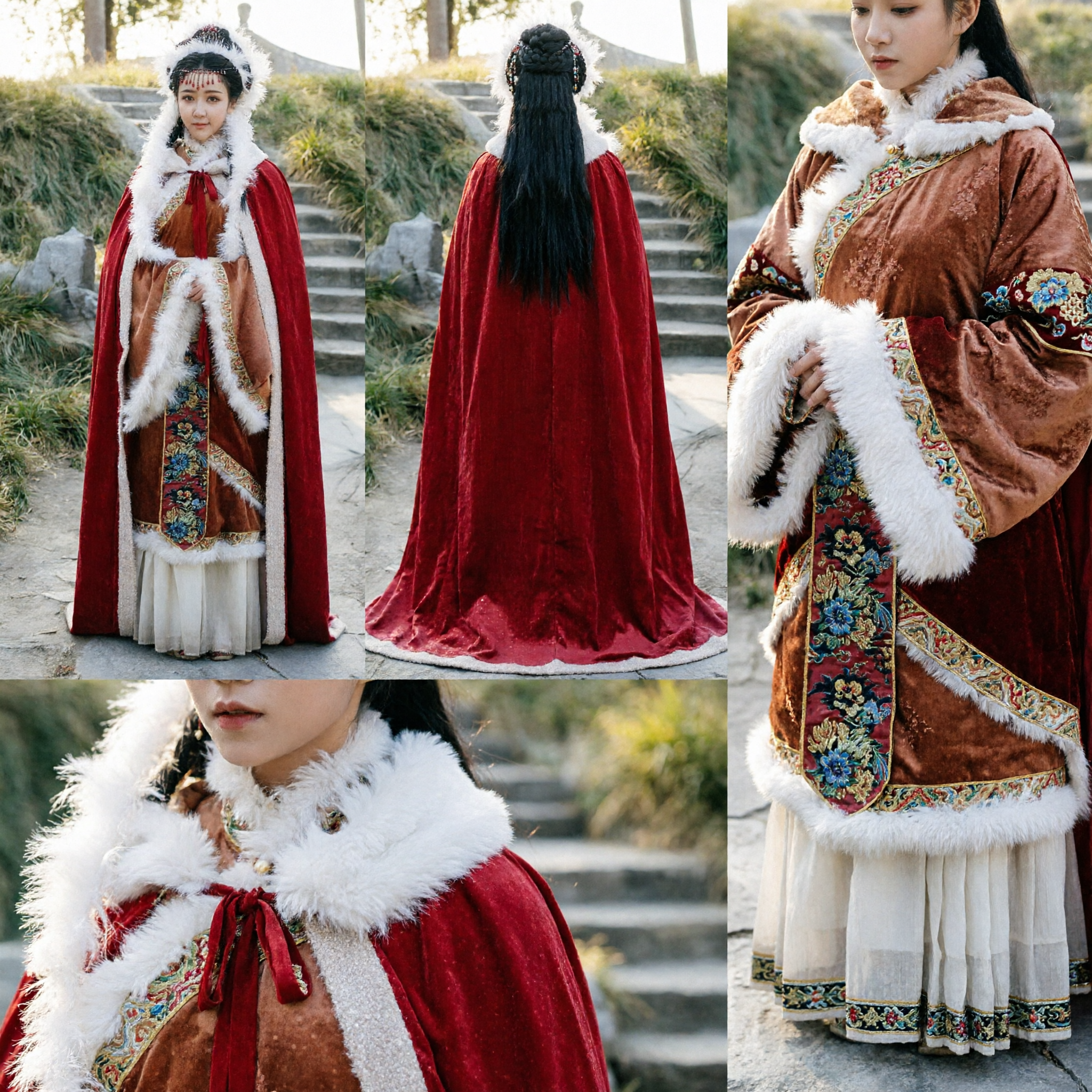 Traditional Chinese Hanfu Winter Cloak Red Fur Trim Ancient Noblewoman Costume for Women Performance - Asian Costume
