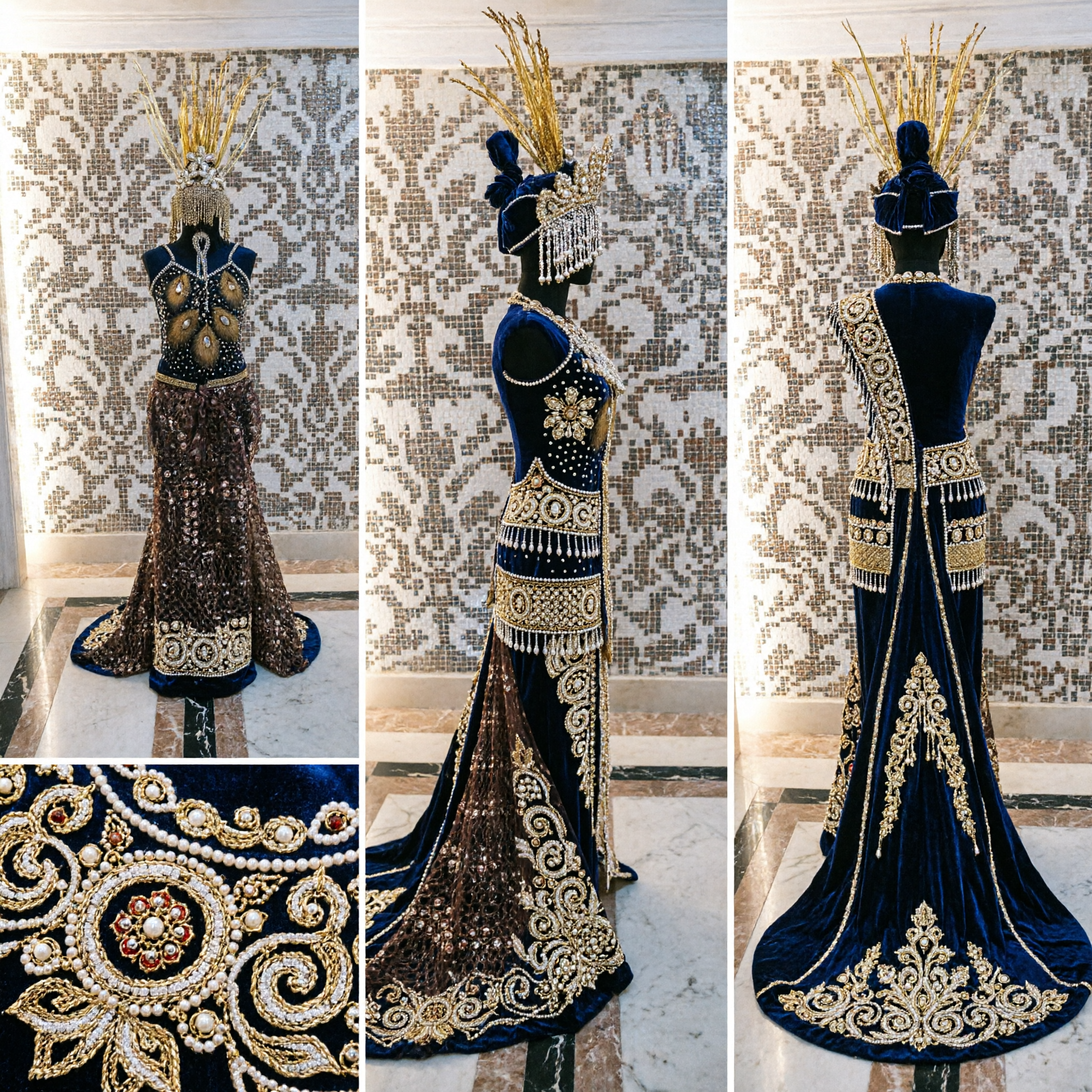 Women's Black Gold Sequin Samba Carnival Costume with Feather Headdress for Latin Dance Stage Performance - Asian Costume