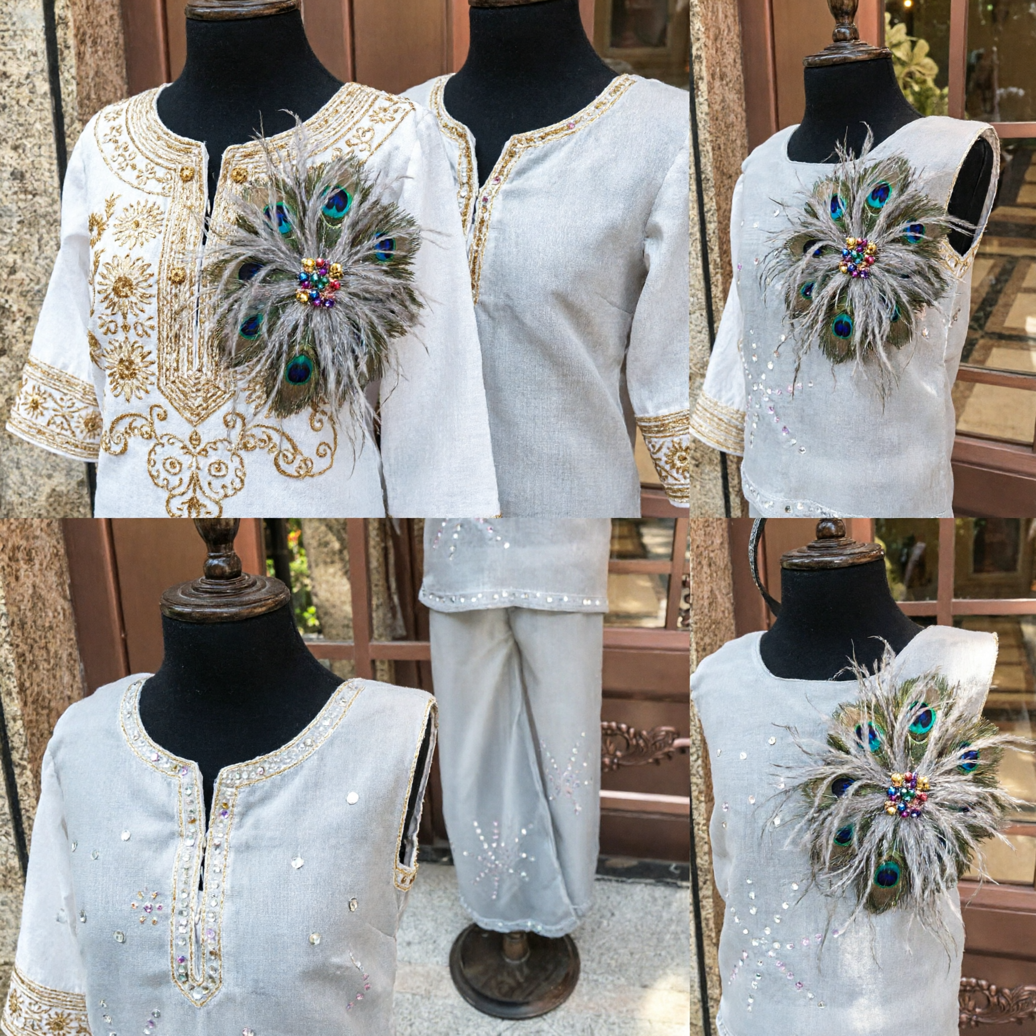 Costume da opera tradizionale cinese, set top e pantaloni grigi con piume di pavone e paillettes per performance di danza femminile - Asian Costume