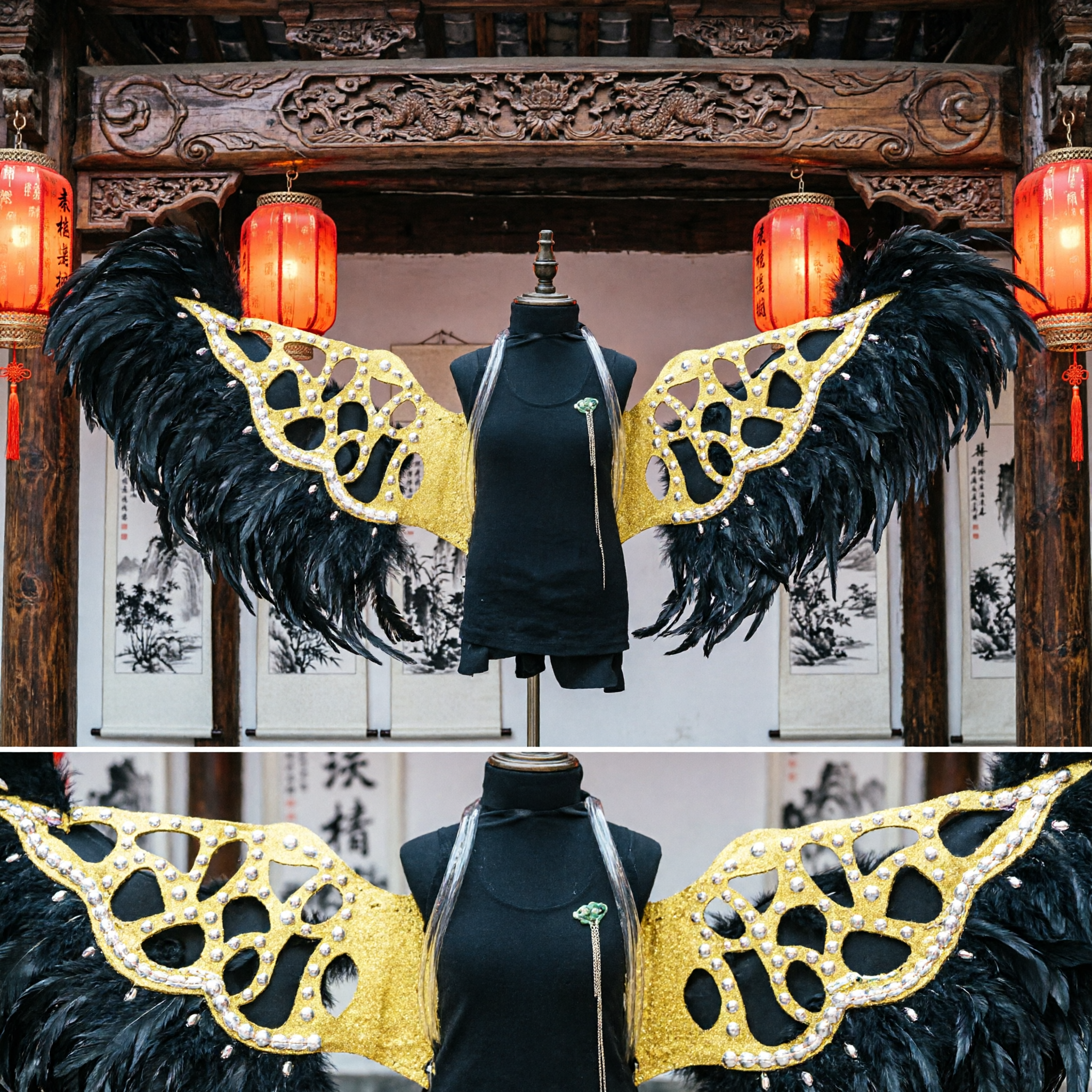 Women's Black Feather Wings with Gold Glitter Cutout Design for Brazilian Carnival Samba Dance Stage Show - Asian Costume