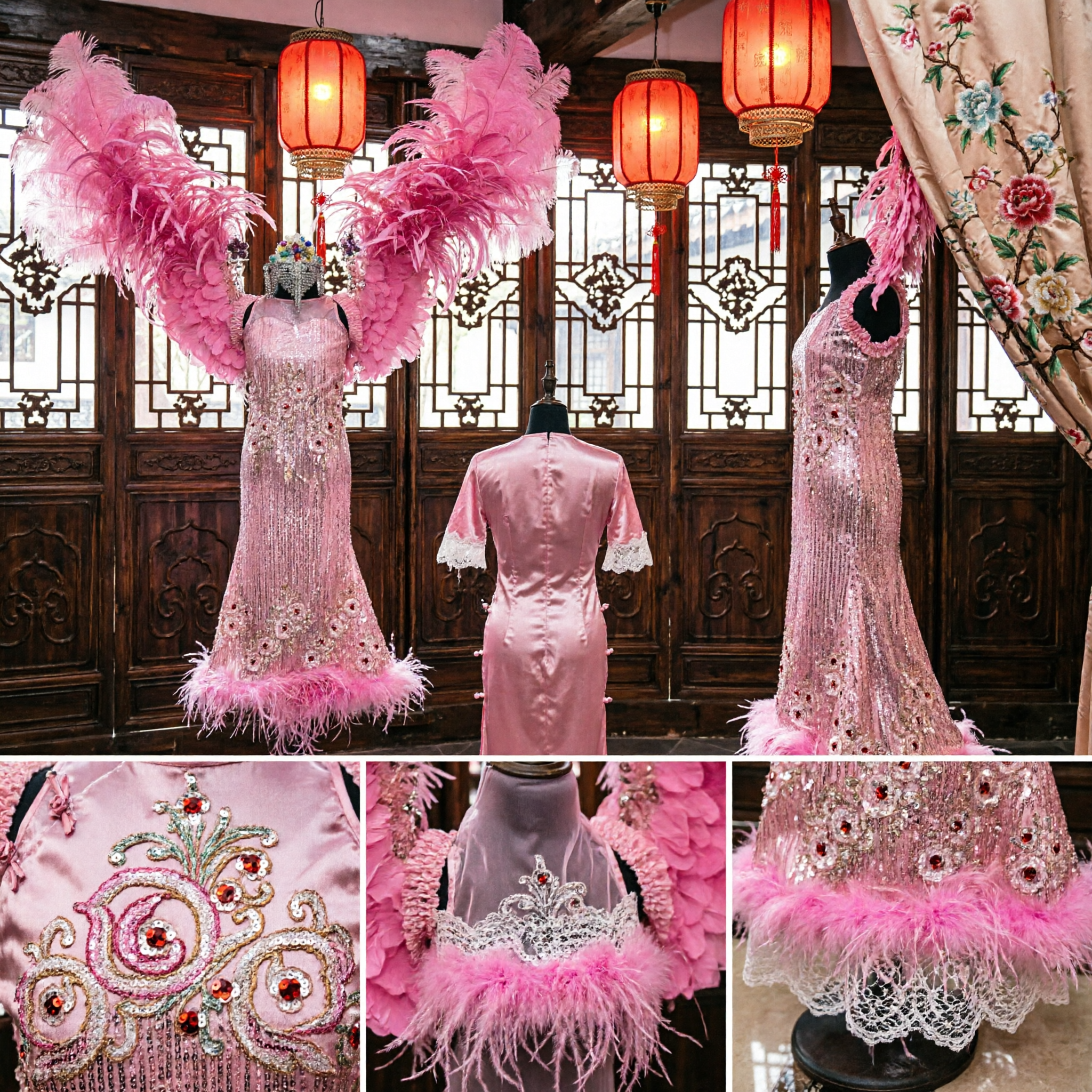 Women's Pink Feather Wings Showgirl Costume with Sequin Dress for Carnival Samba Stage Performance - Asian Costume
