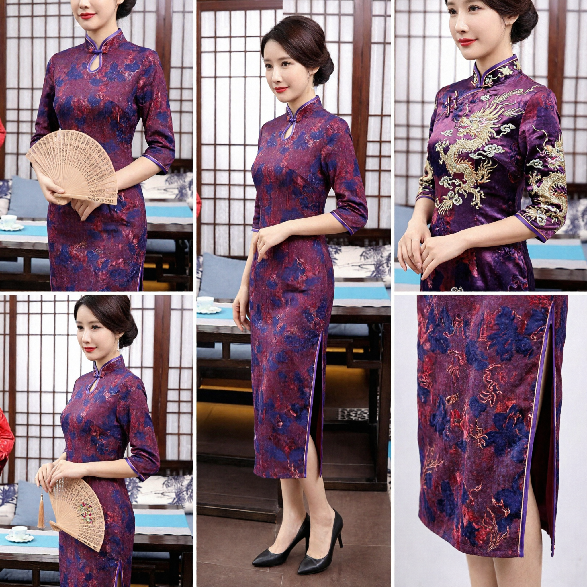 Elegant Purple Floral Qipao Dress Traditional Chinese Cheongsam with Mandarin Collar for Wedding Party Formal Occasions - Asian Costume